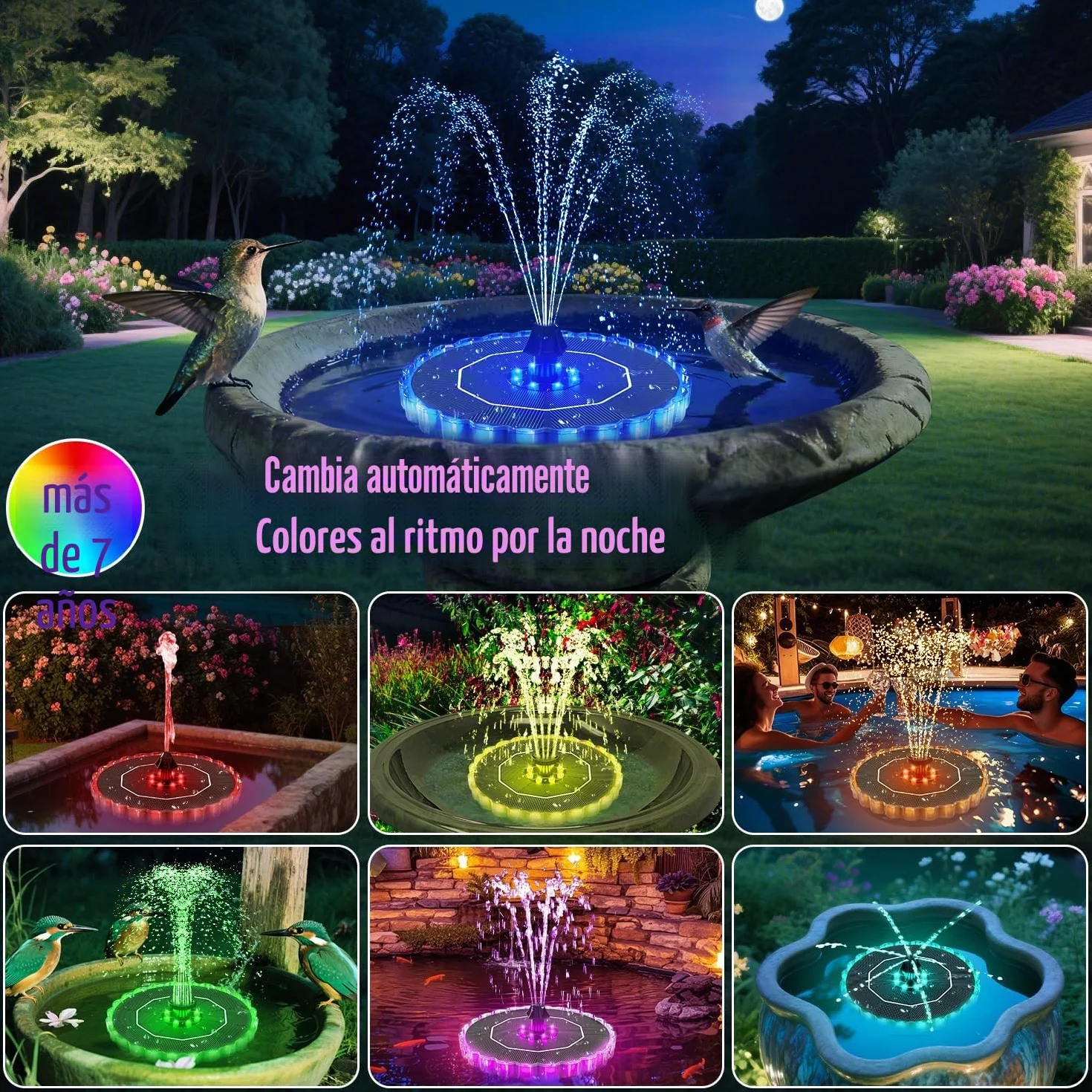 SZMP Fuente Solar Jardín Exterior 32 LED Coloridos Bomba Agua 3.5W 2000mAh Batería 8 Boquillas