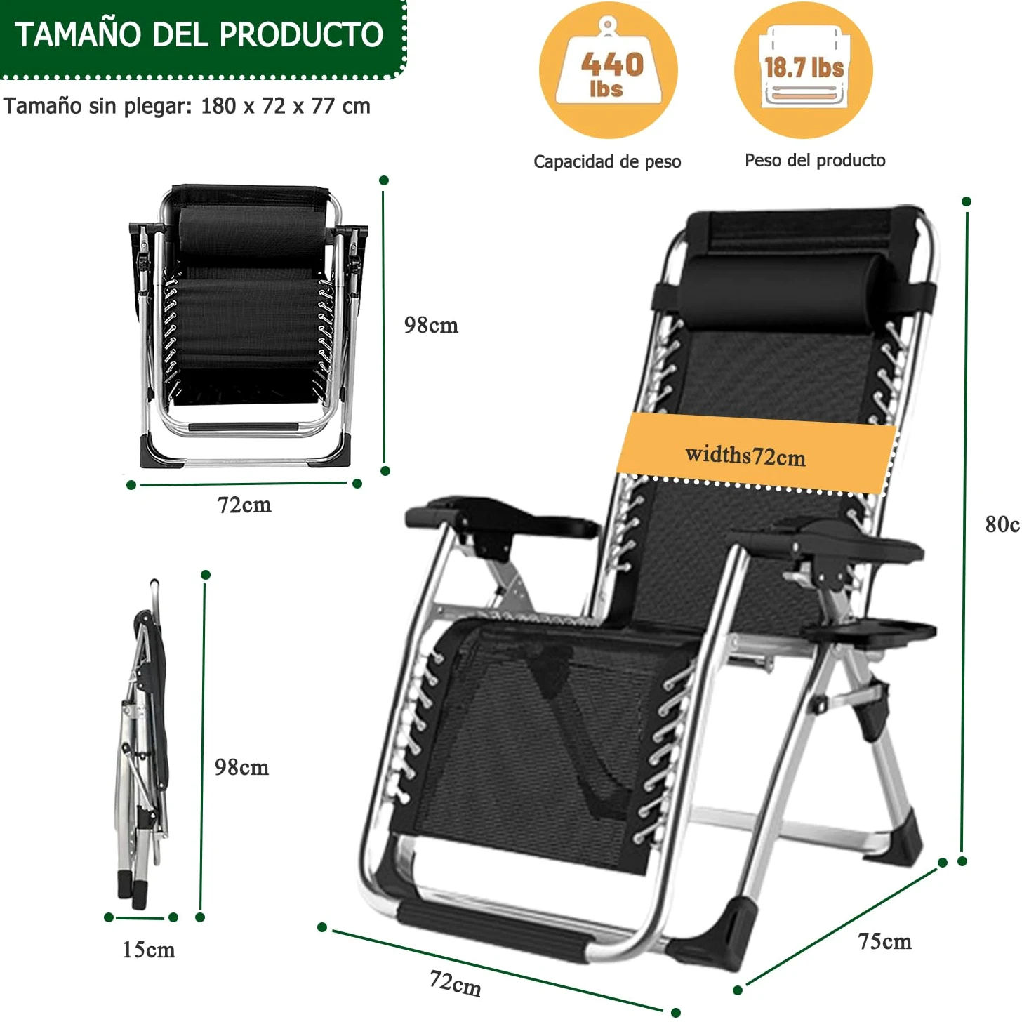 Sillas Gravedad Cero,Tumbona para Terraza Sillón De Jardín,con Reposacabeza Extraíble para Patio, Playa, Piscina,Soporte 440 Lbs. (con cojín Negro, Set de 1)