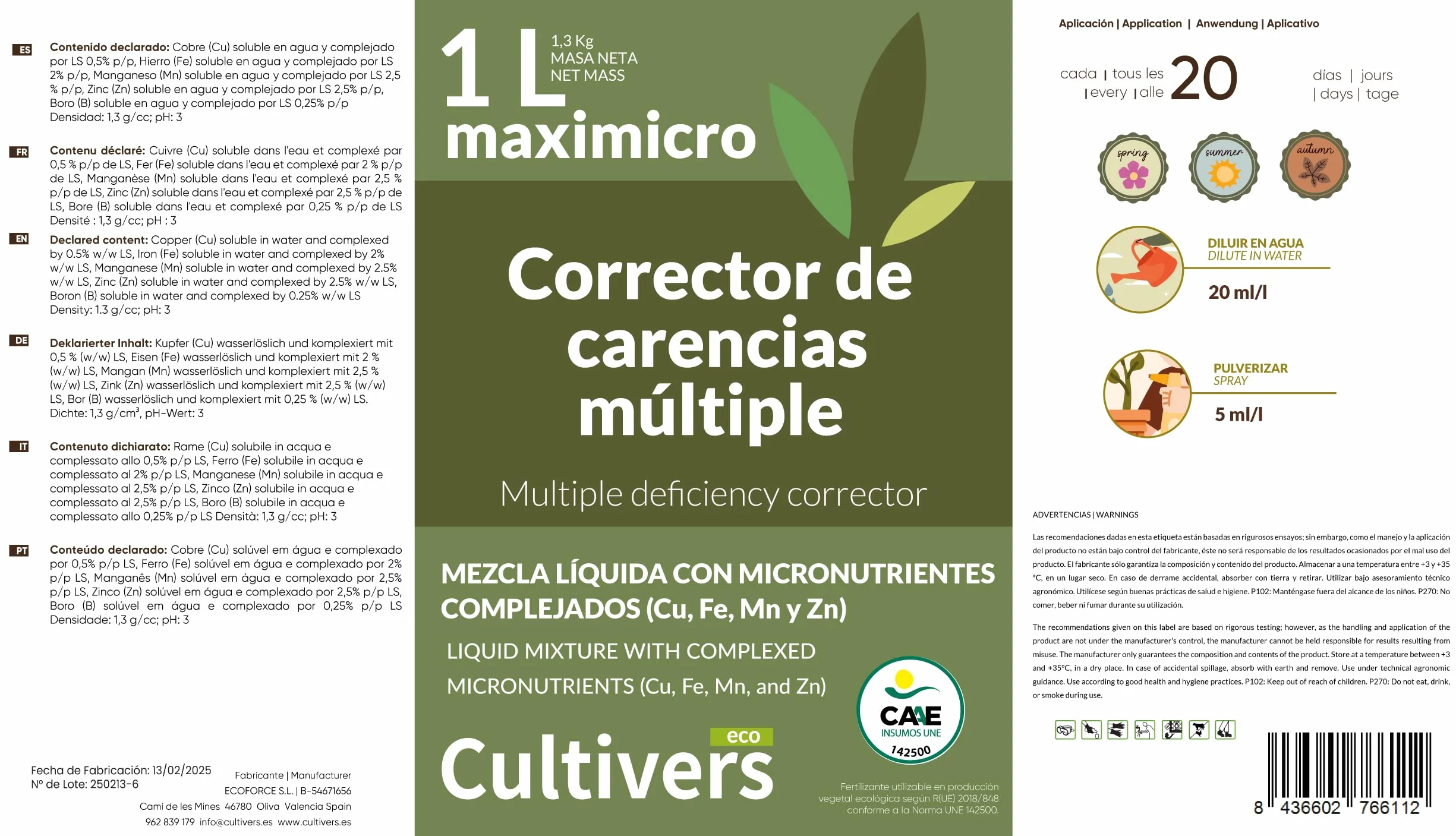 CULTIVERS Abono Ecológico con Hierro Cobre Manganeso Boro y Zinc 1 L Fertilizante líquido para carencias nutricionales