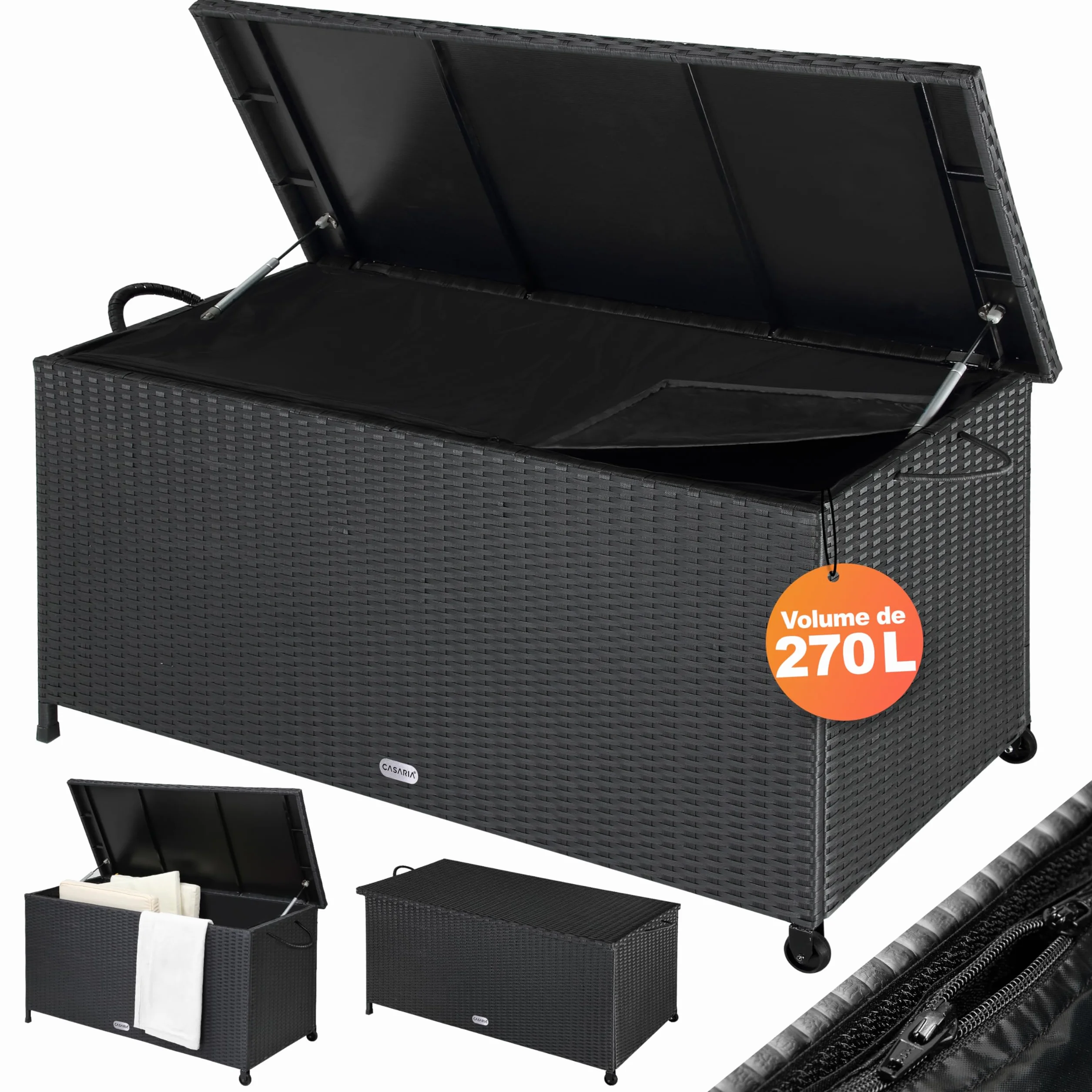 CASARIA Baúl de Almacenamiento Exterior XXL 270L 117x53x60cm Poliratán Negro 2 Ruedas