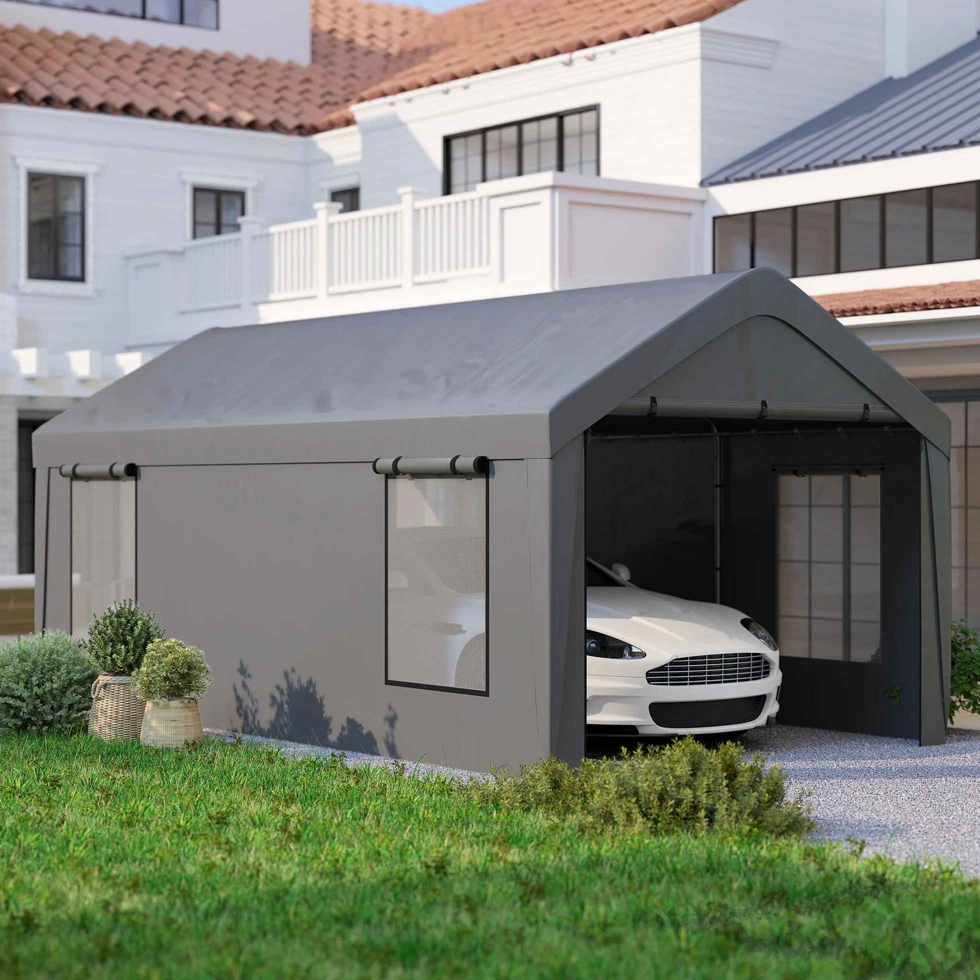 Outsunny Carport Cobertizo para coche 3x6 m 2 puertas enrollables 4 ventanas gris oscuro