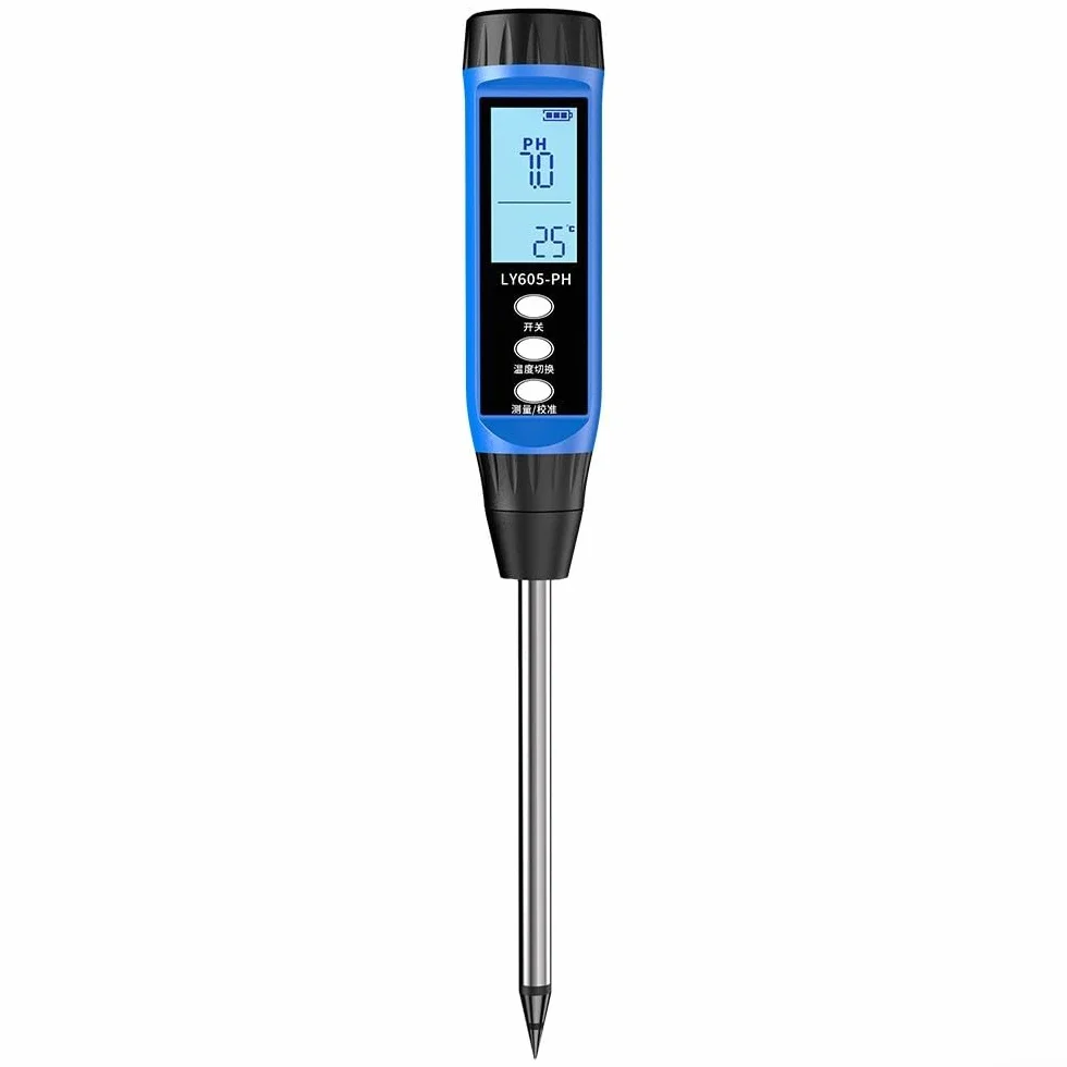 Probador digital de suelo Medidor de pH y humedad con pantalla LCD para análisis rápido de suelo de alta precisión Operación automática del botón de compensación de temperatura (605)