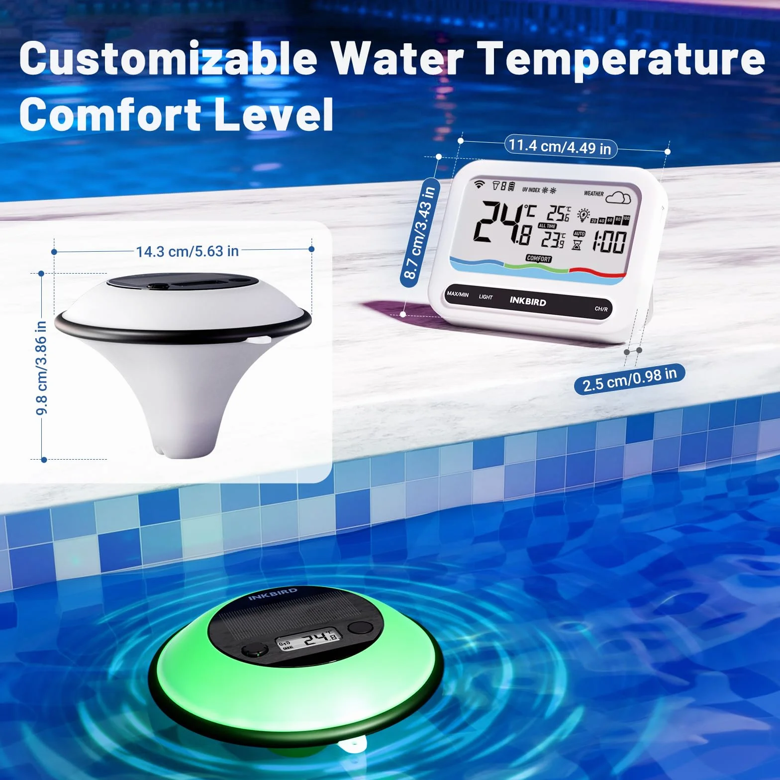 Inkbird IBS-P05R-W Termómetro Piscina WiFi, Luz Colorida, APP Control, Impermeable IP68, Sensor de Luz Automático, Función de Tiempo, Monitor para Spa, Estanques