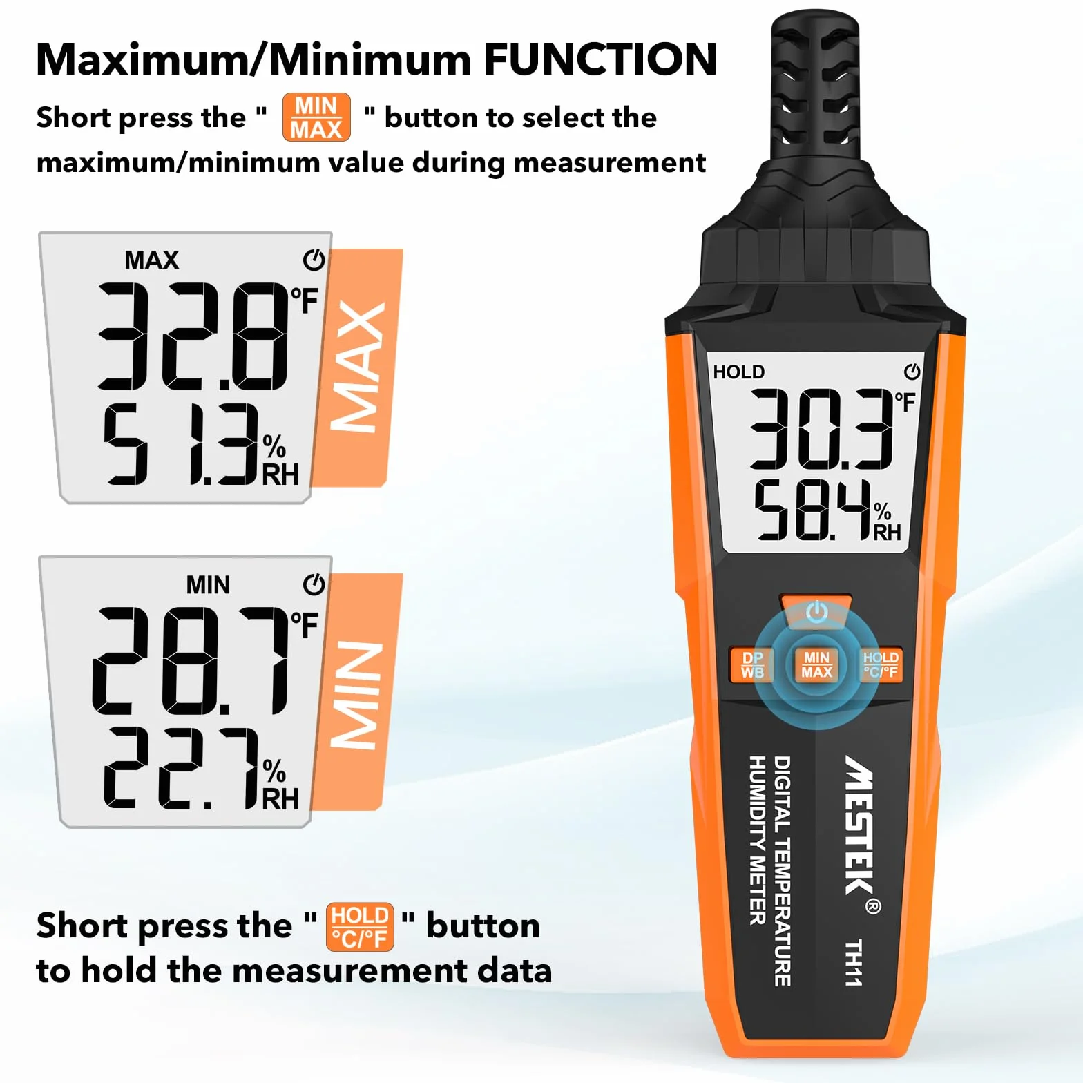 MESTEK Termómetro Higrómetro Digital Interior Exterior, Medir Temperatura Humedad, Punto de Rocío, Bola Húmeda