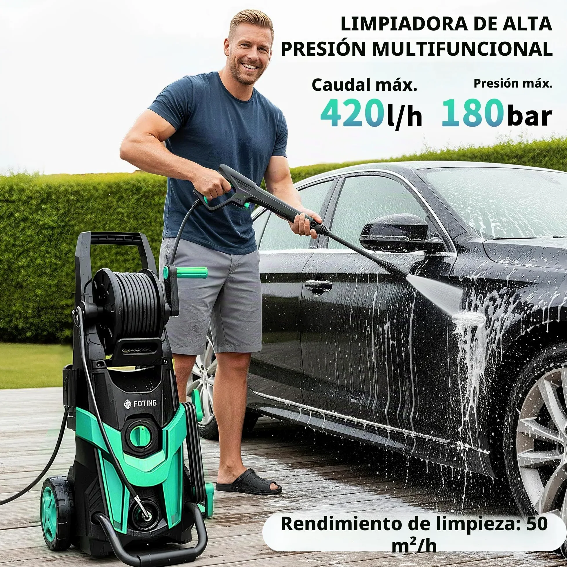 2026NEW Hidrolimpiadora de Alta Presión 180 Bar, 420 l/h, con Carrete para Manguera, Depósito de Espuma y Boquilla Ajustable 6 en 1, Rendimiento de hasta 50 m²/h, para Coche, Terraza y Jardín