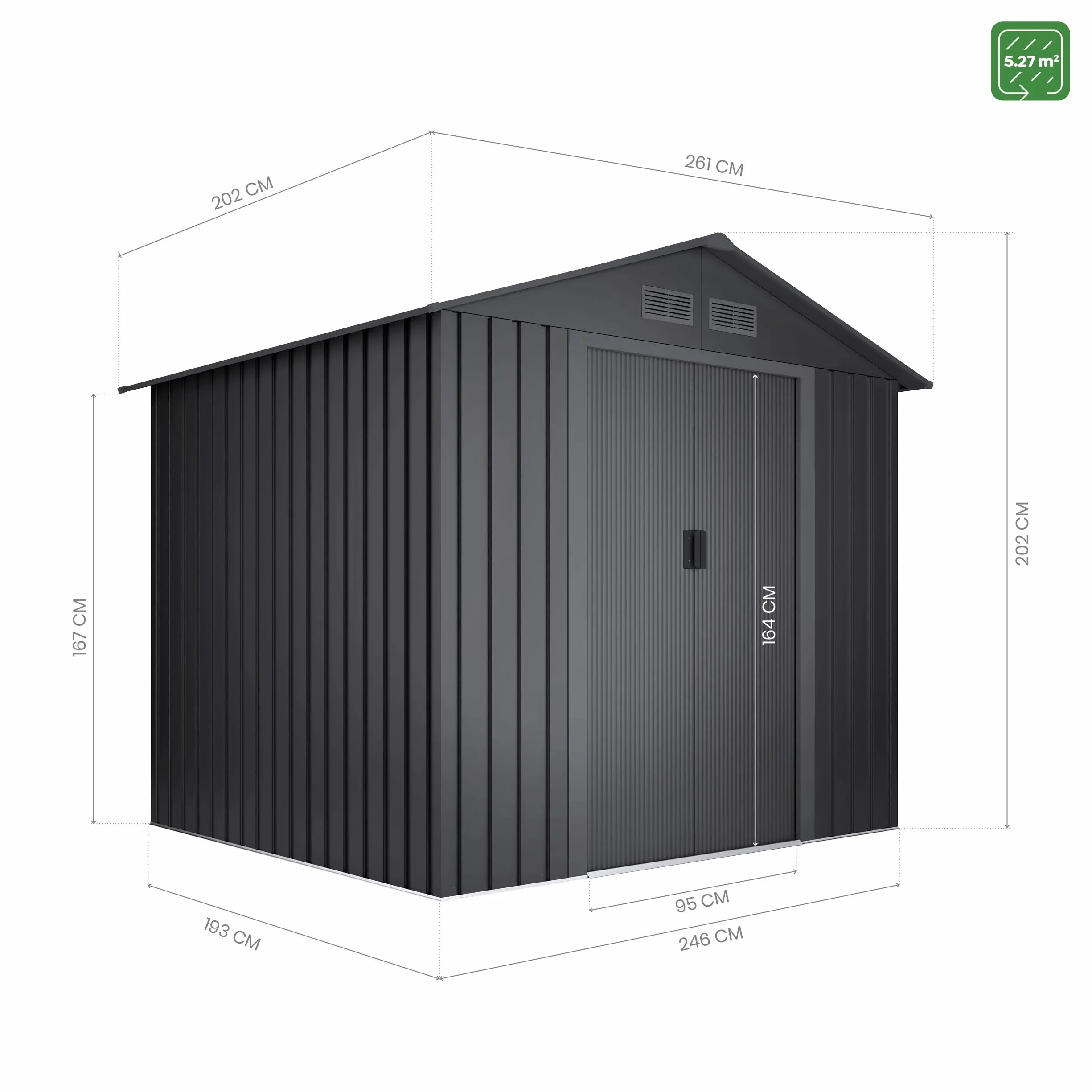 Caseta Metálica de Jardín 5,27m2 Antracita 202x261x202cm Puerta Corredera Doble Rejillas Anticondensación