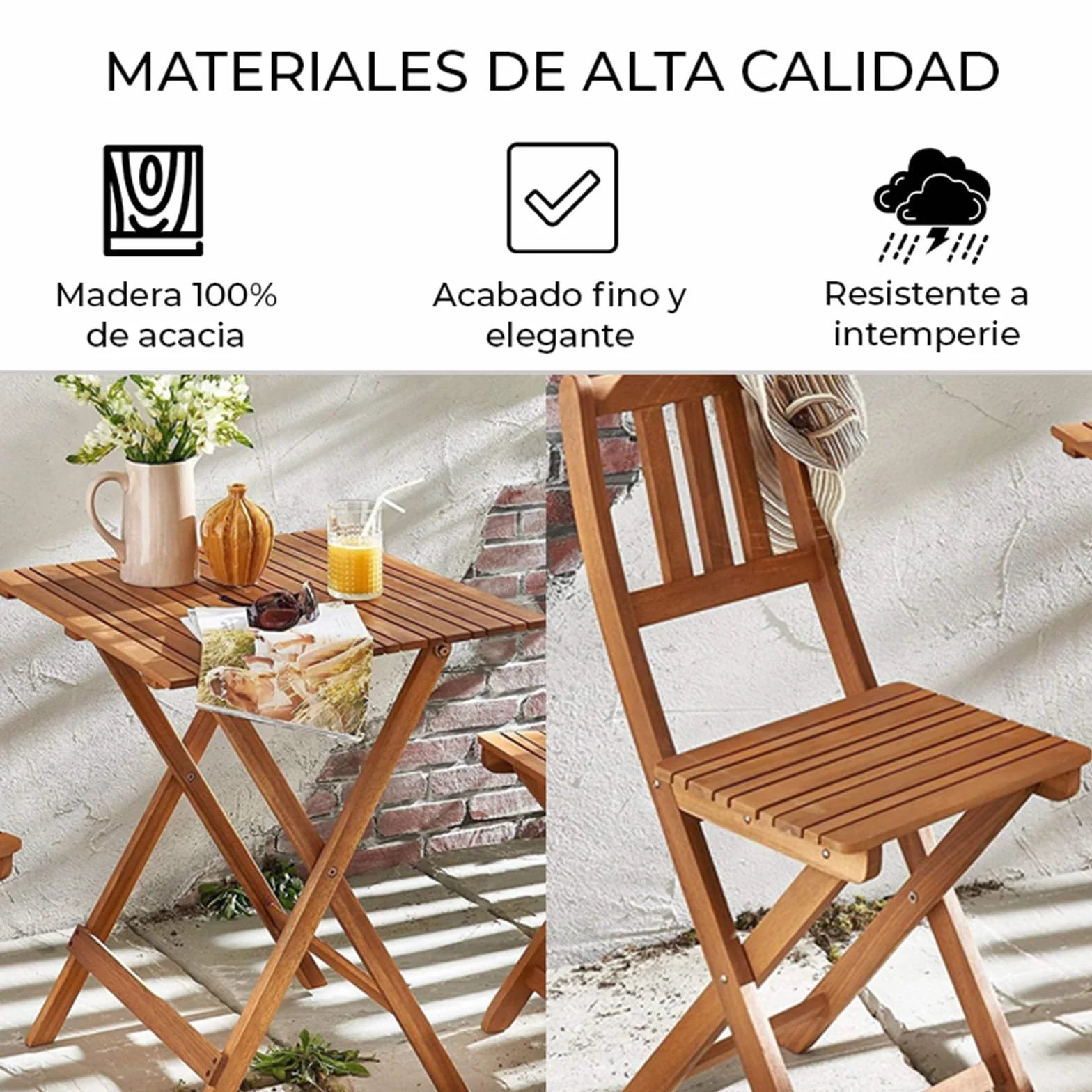 Set de bistró 3 Piezas Madera de Acacia marrón Mesa 60x60x72 cm 2 sillas Plegables Exterior
