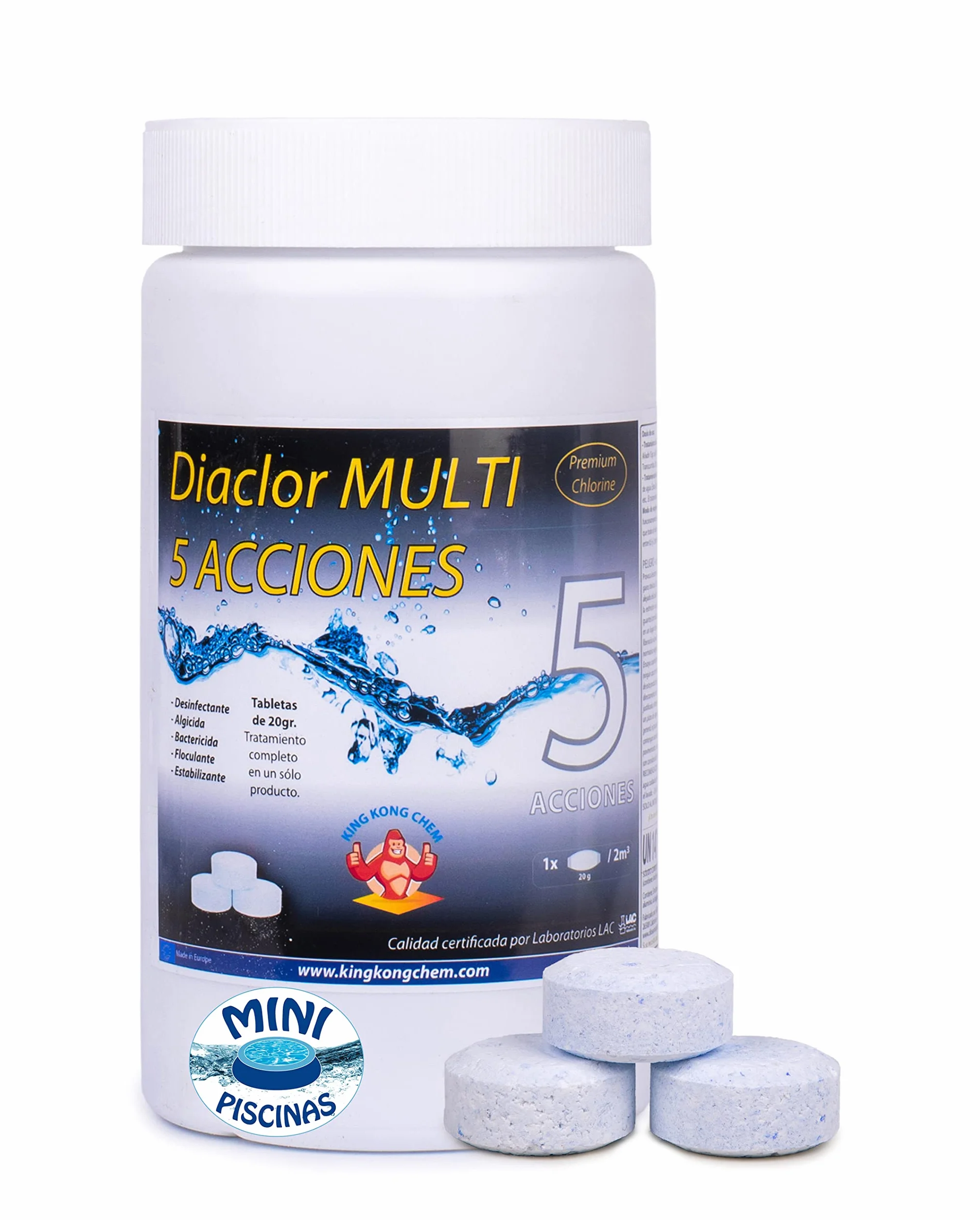 Pastillas de Cloro 5 Acciones Diaclor Mini Piscinas 1 kg Sin Cobre
