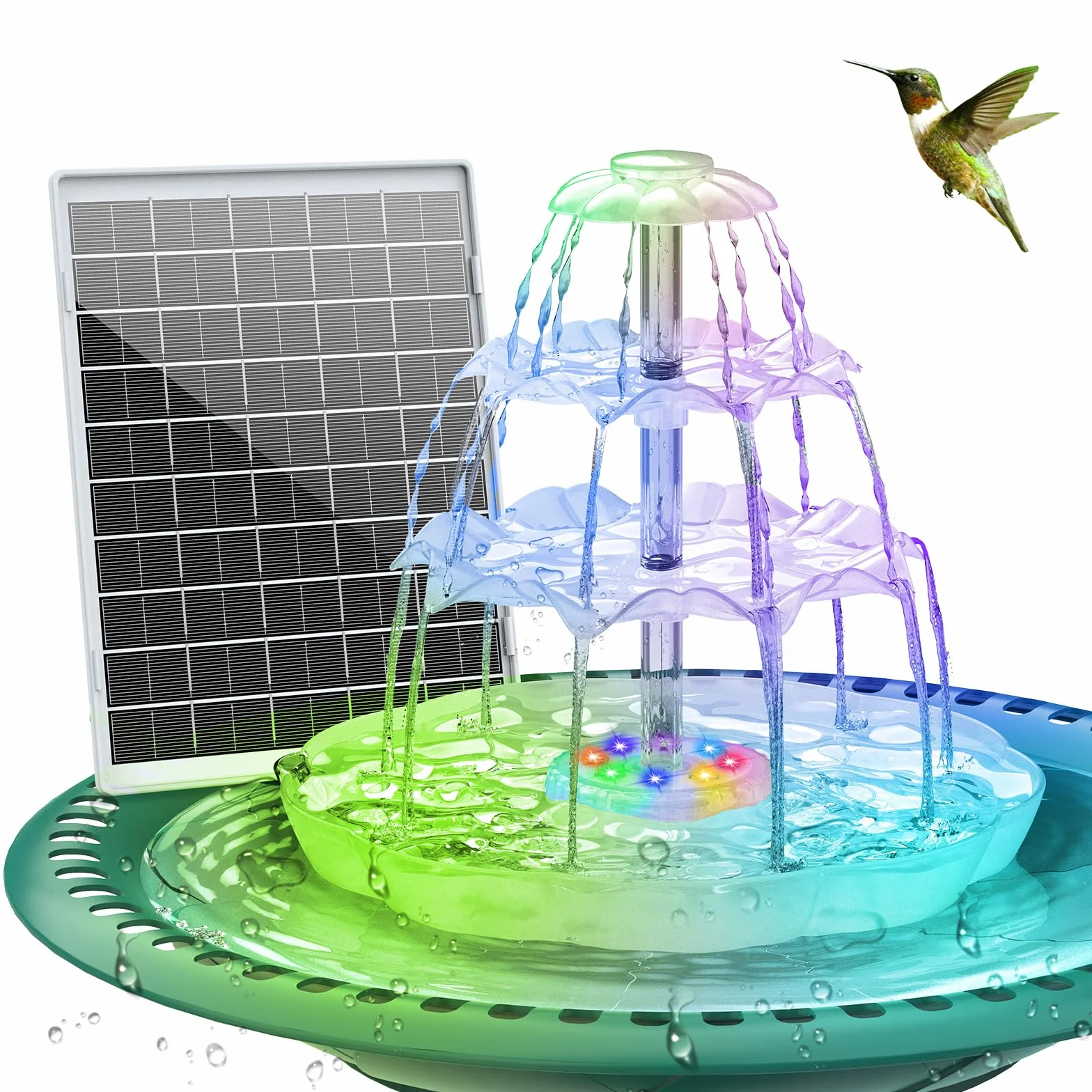 AISITIN Fuente Solar LED 6.5W con Batería, Baño para Pájaros | Batería 1800mAh Comedero 3 Niveles Desmontable Para Jardín Estanque Blanco