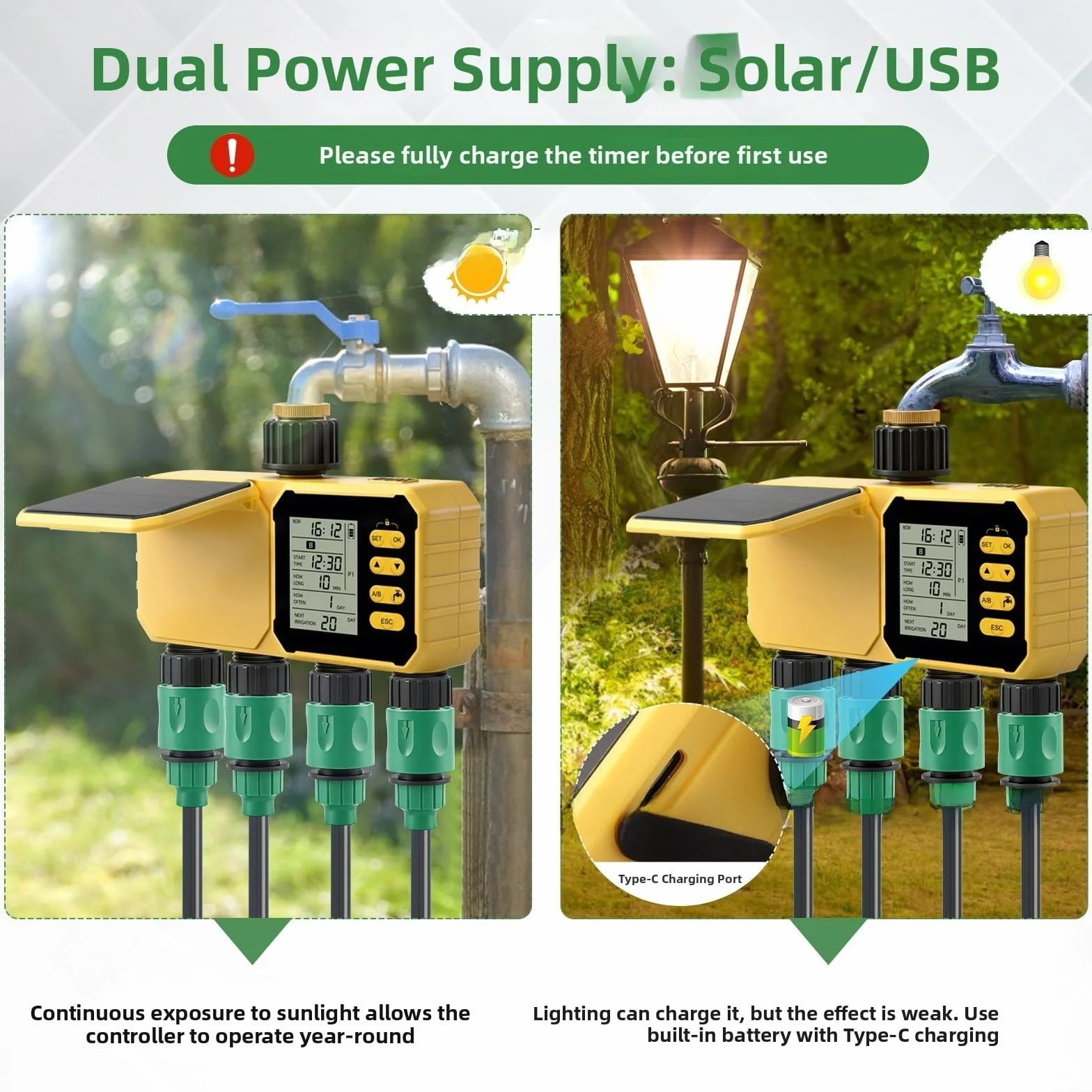 Controlador solar de riego de 4 canales, temporizador de riego de jardín, material de latón con sensor de lluvia y respaldo USB, para automatización de invernadero de césped, cama de flores, vegetales