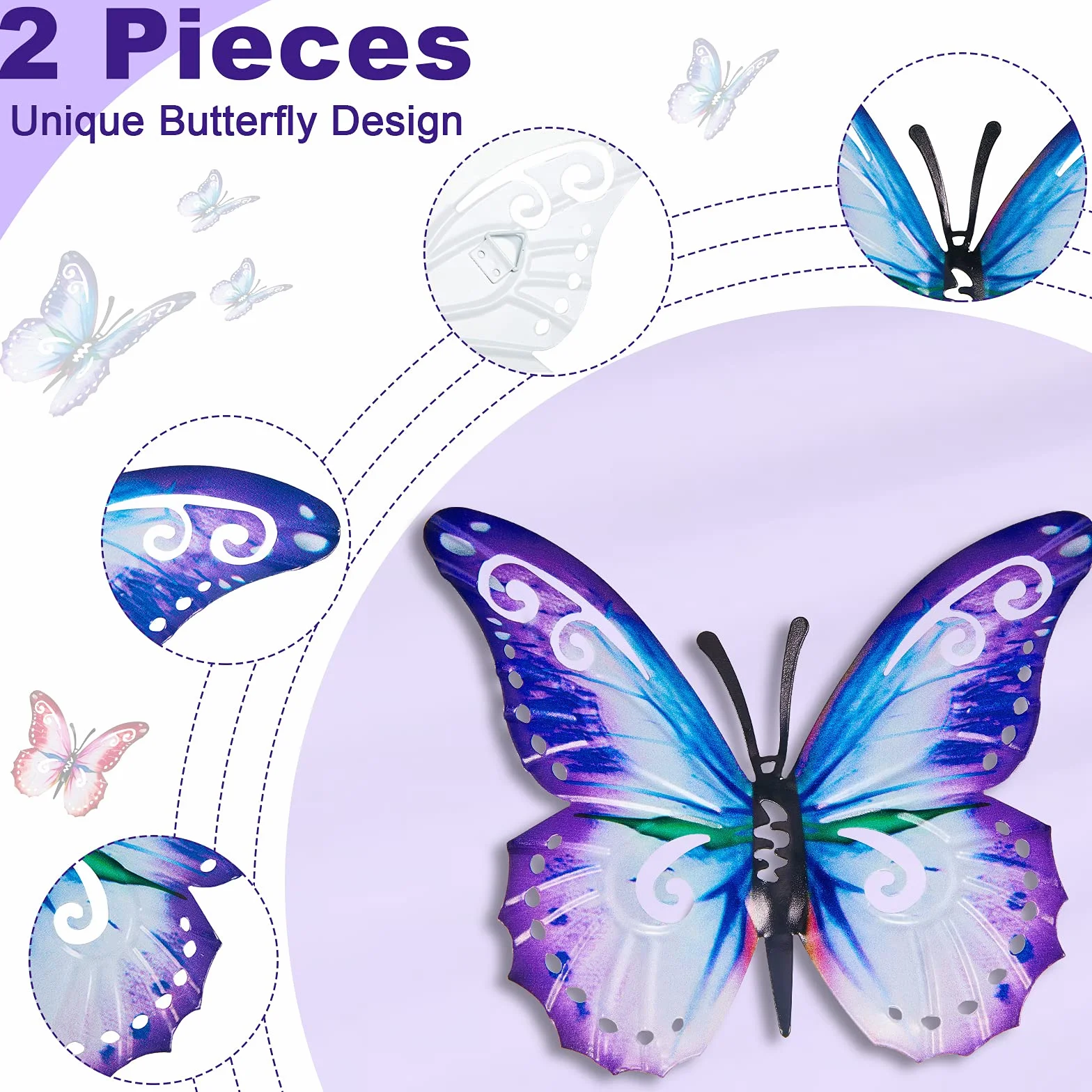 Mariposas de Metal Grandes para Exteriores Decoraciones de Jardín Arte de Pared 27 x 22 cm Rosa y Azul