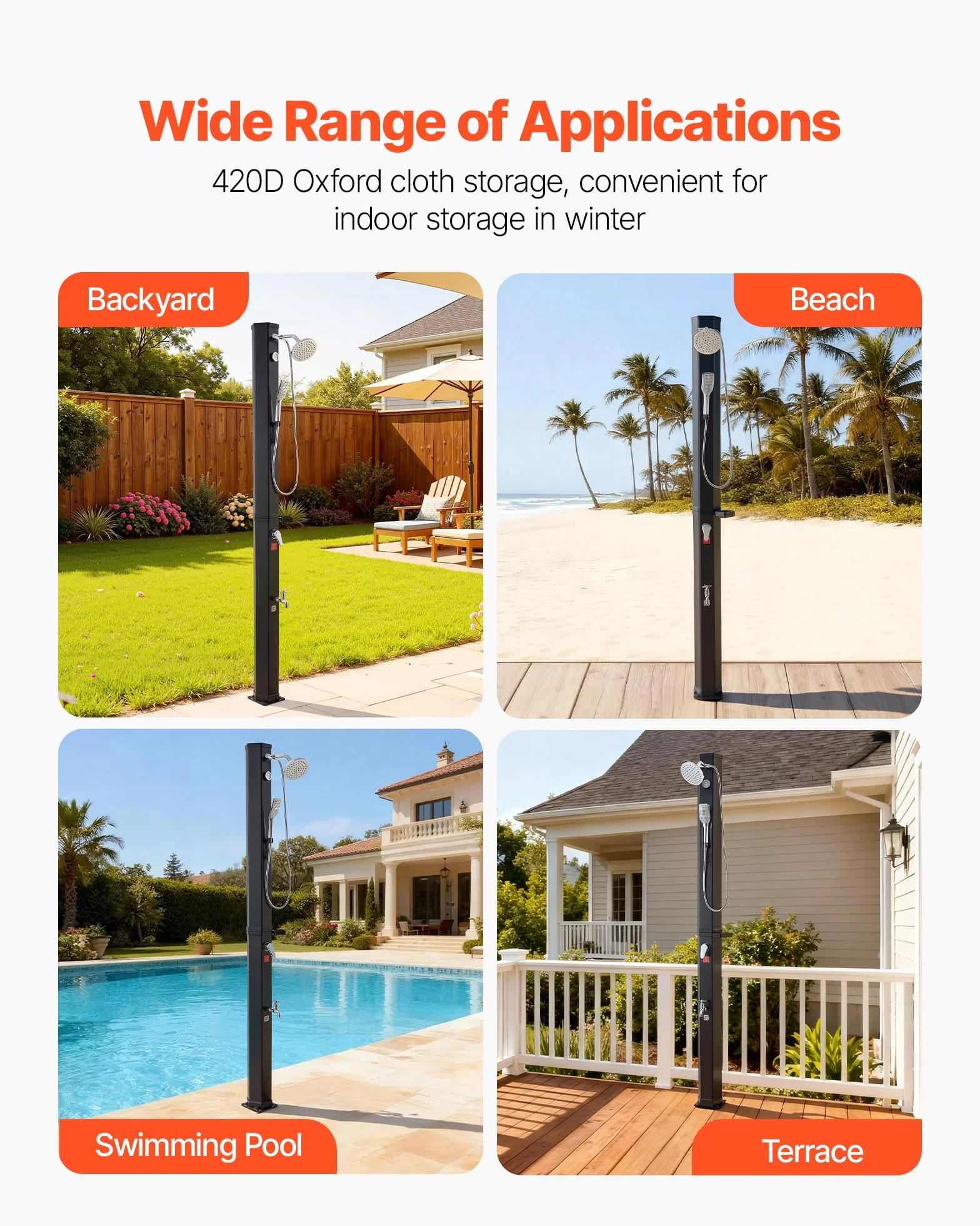 VEVOR Ducha Solar 40 litros 205 cm Exterior Grifo Rociador Cabezal Giratorio 360° Agua Fría Caliente PVC Reforzado Negro