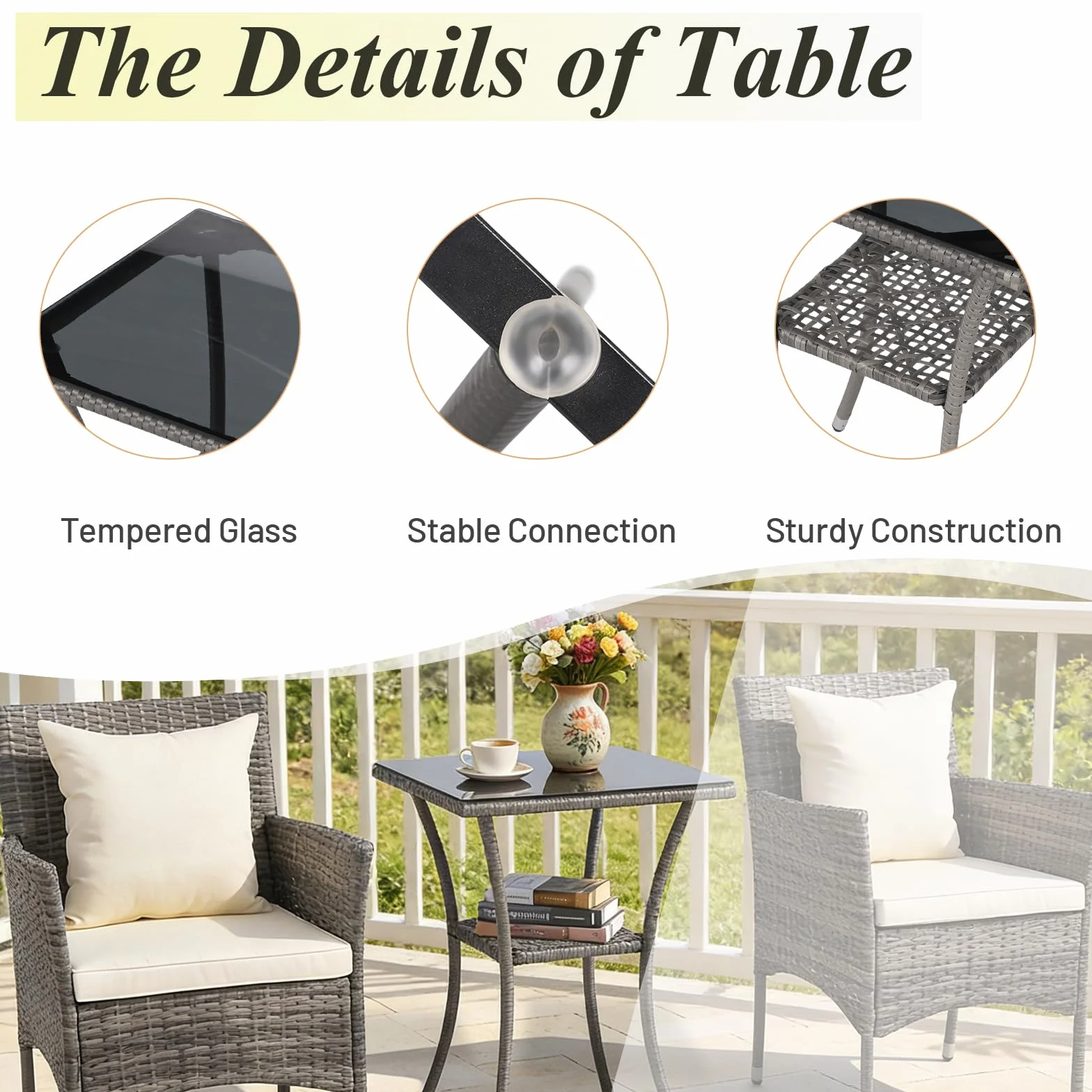 KOMFOTTEU Juego de Mesa y 2 Sillas de Ratán PE con 4 Cojines, Mesa de Cristal Templado, Set de Jardín