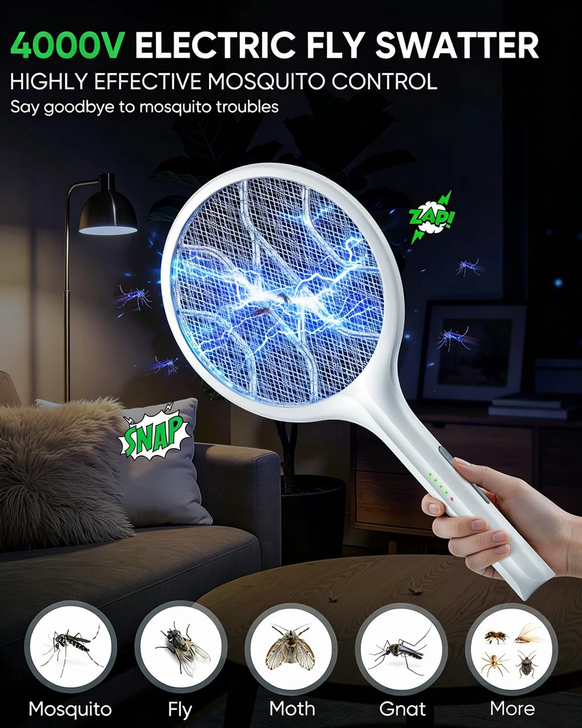 VIWAVE Raqueta Mosquitos Electrica 4000V, Matamoscas Electrico Recargable USB-C 1800mAh con Luz UV, 2 en 1, Blanco
