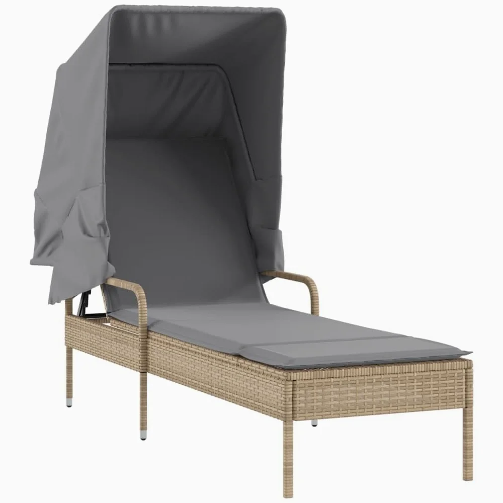 Tumbona con techo, color beige poli ratán 62 x 200 x 130 cm, respaldo ajustable, resistente a los rayos UV, incluye almohada, para jardín, terraza, piscina, silla de salón de gravedad cero al