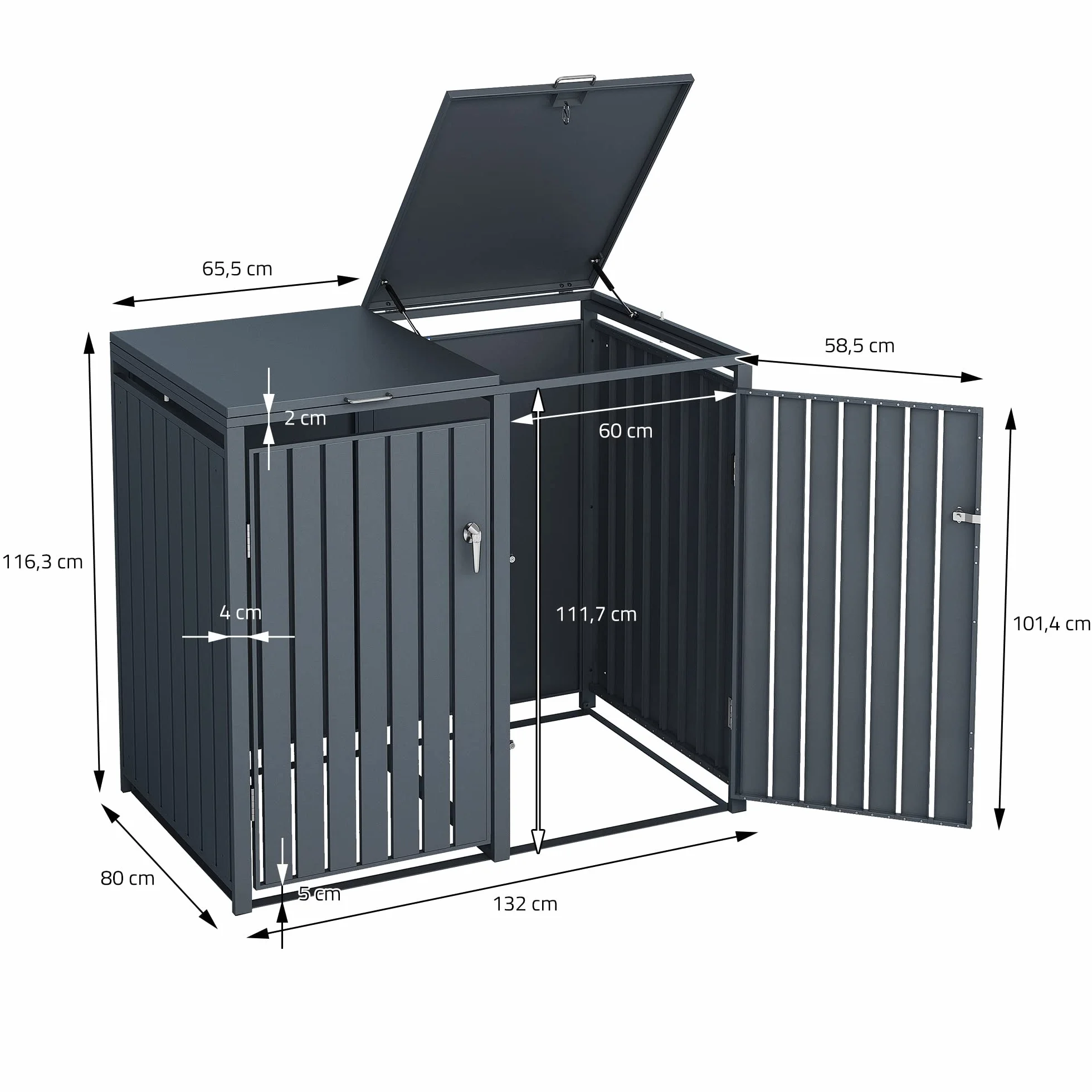Cobertizo para Cubo de Basura 240L Doble Antracita 264x80x116 cm Caseta de Acero para Jardín Exterior 4 Puertas