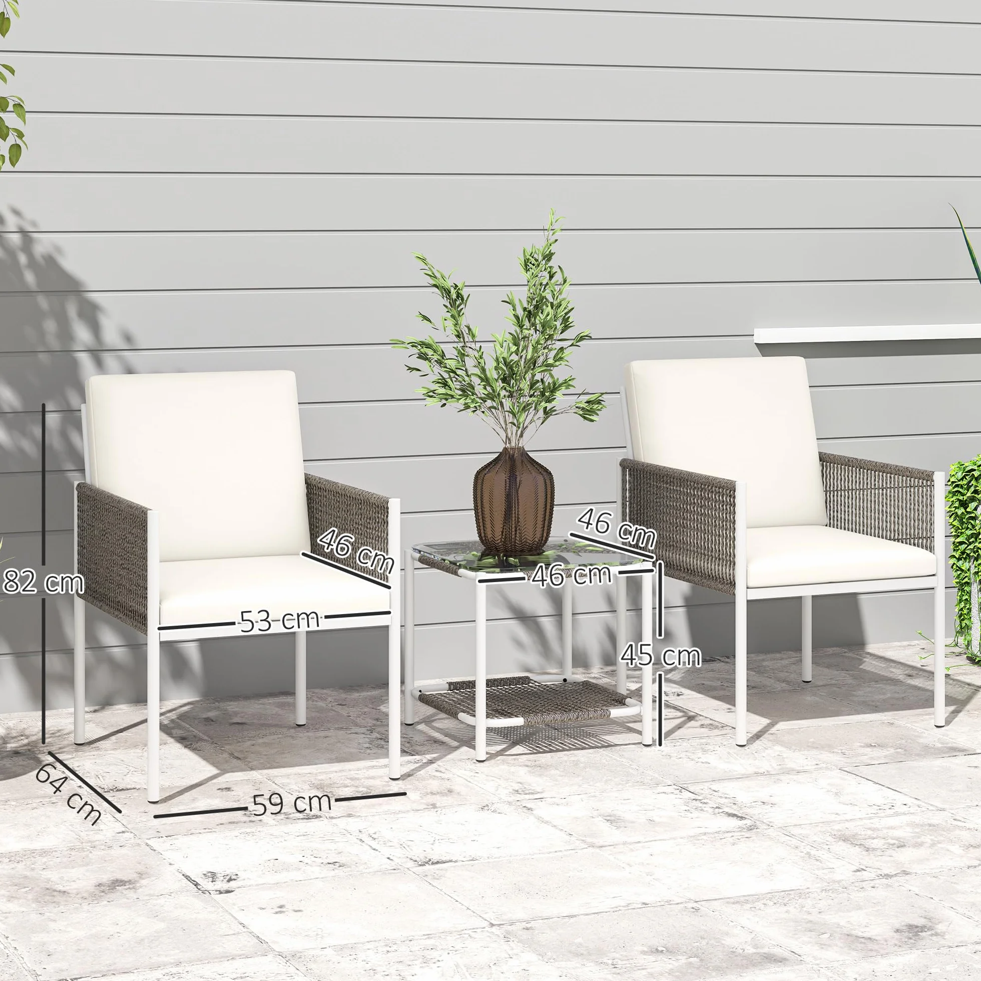 Outsunny Conjunto de Jardín 3 Piezas Mesa y 2 Sillas Ratán con Encimera Vidrio Cojines Acolchados Marrón Crema