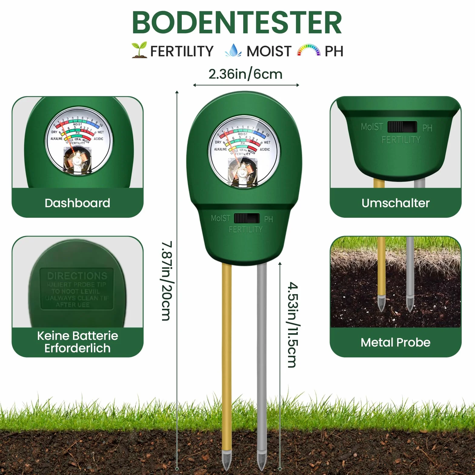 Medidor Humedad Plantas 3 en 1 Medidor Ph Tierra Jardineria Suelo para Maceta Grandes