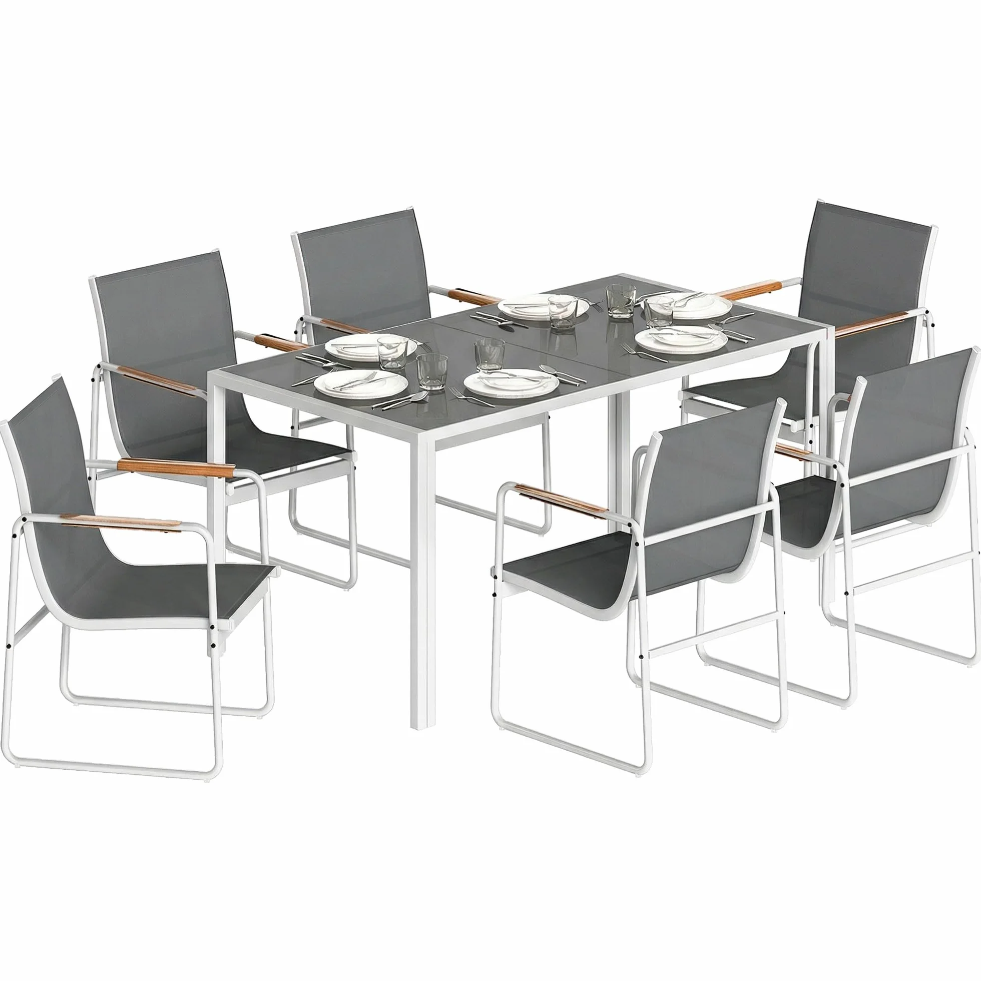 Outsunny Conjunto de Mesa y Sillas Jardín de 7 Piezas, Muebles Jardín Exterior con Mesa de Vidrio Templado, 6 Sillas Transpirables Decorativas, Marco de Acero Resistente a la Intemperie, Blanco y Gris