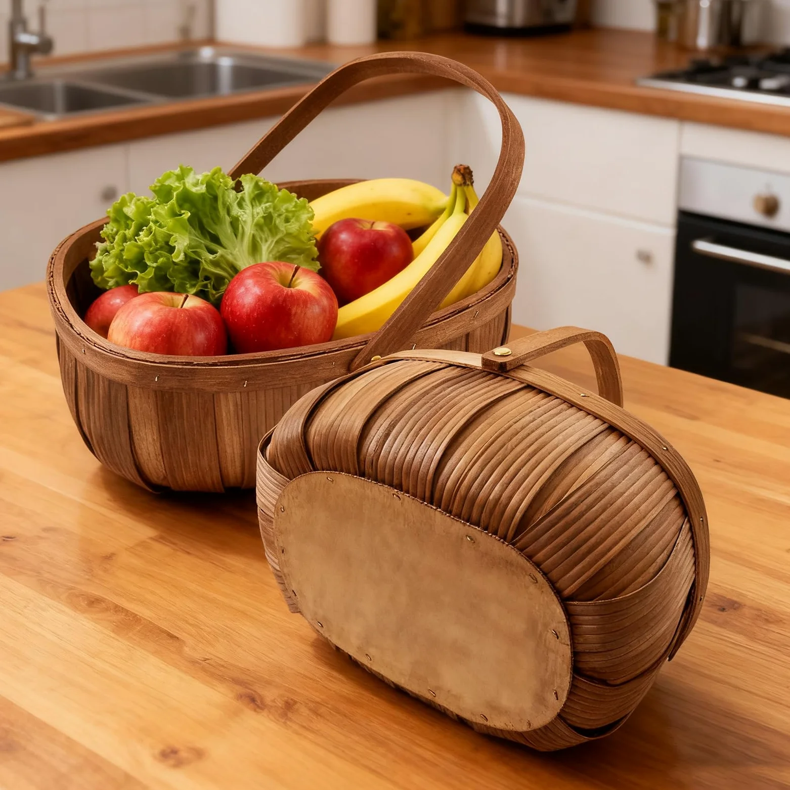 Paquete de 3 cestas de madera para pan, cesta de picnic tejida a mano con asas, organizador de almacenamiento para verduras, frutas, bodas, 3 tamaños