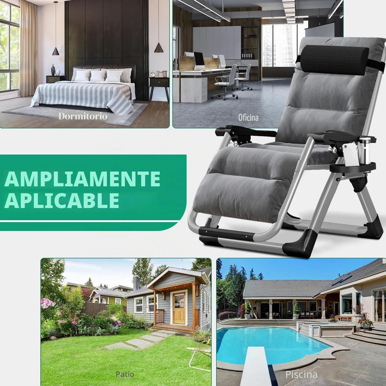 Tumbona plegable para el sol, silla de terraza, con capacidad de carga de 200 kg, silla de gravedad cero con soporte de cojín, portavasos, tumbona de jardín extraancha ajustable para patio