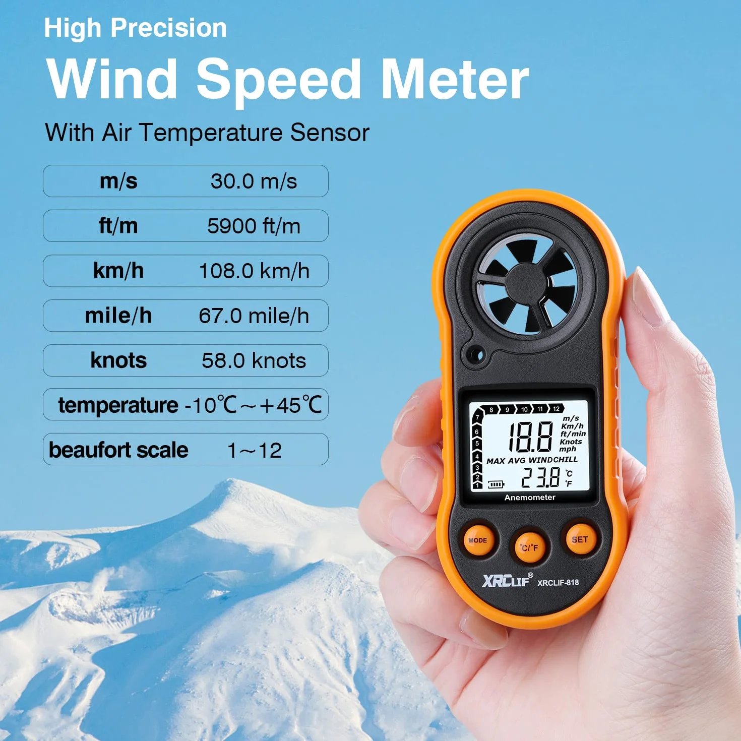Anemómetro digital de mano, medidor de velocidad del viento, flujo de aire y temperatura