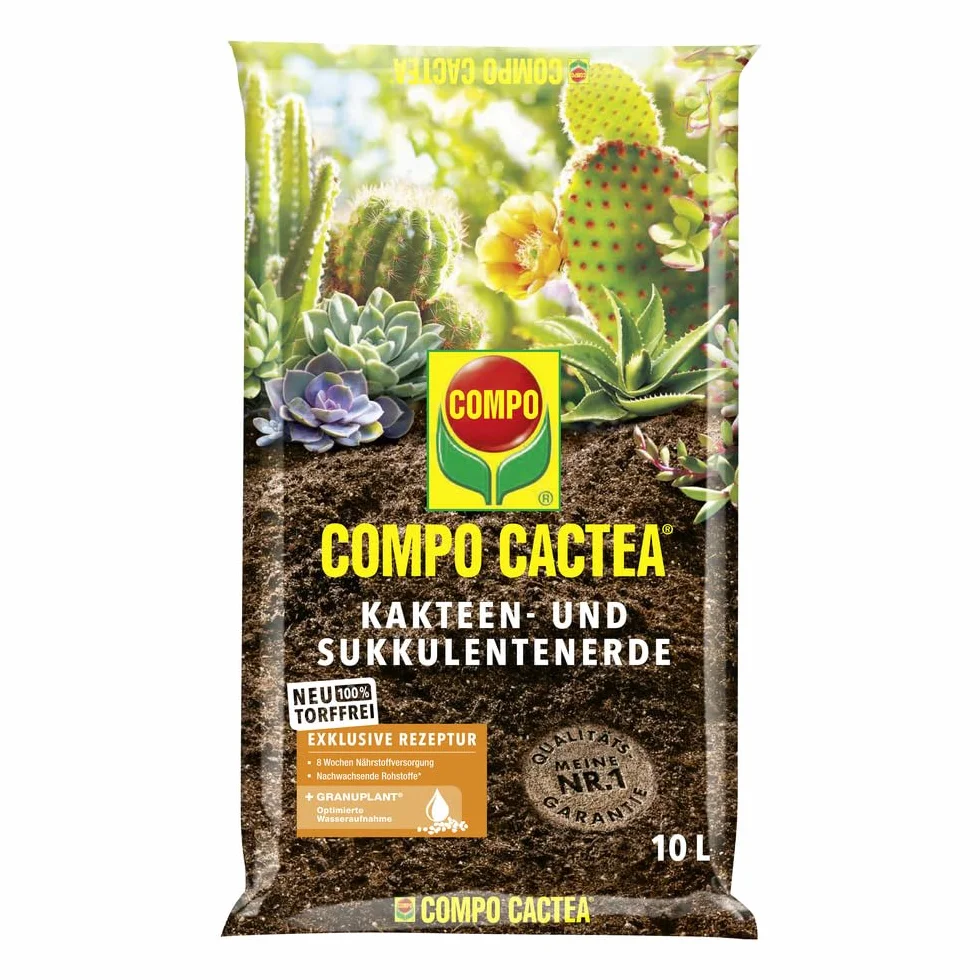 Compo CACTEA® Tierra para cactus y suculentas, sin turba, 10 L, tierra especial para cactus y suculentas, estructura suelta para raíces sanas, óptima gestión del agua, tierra para plantas de alta