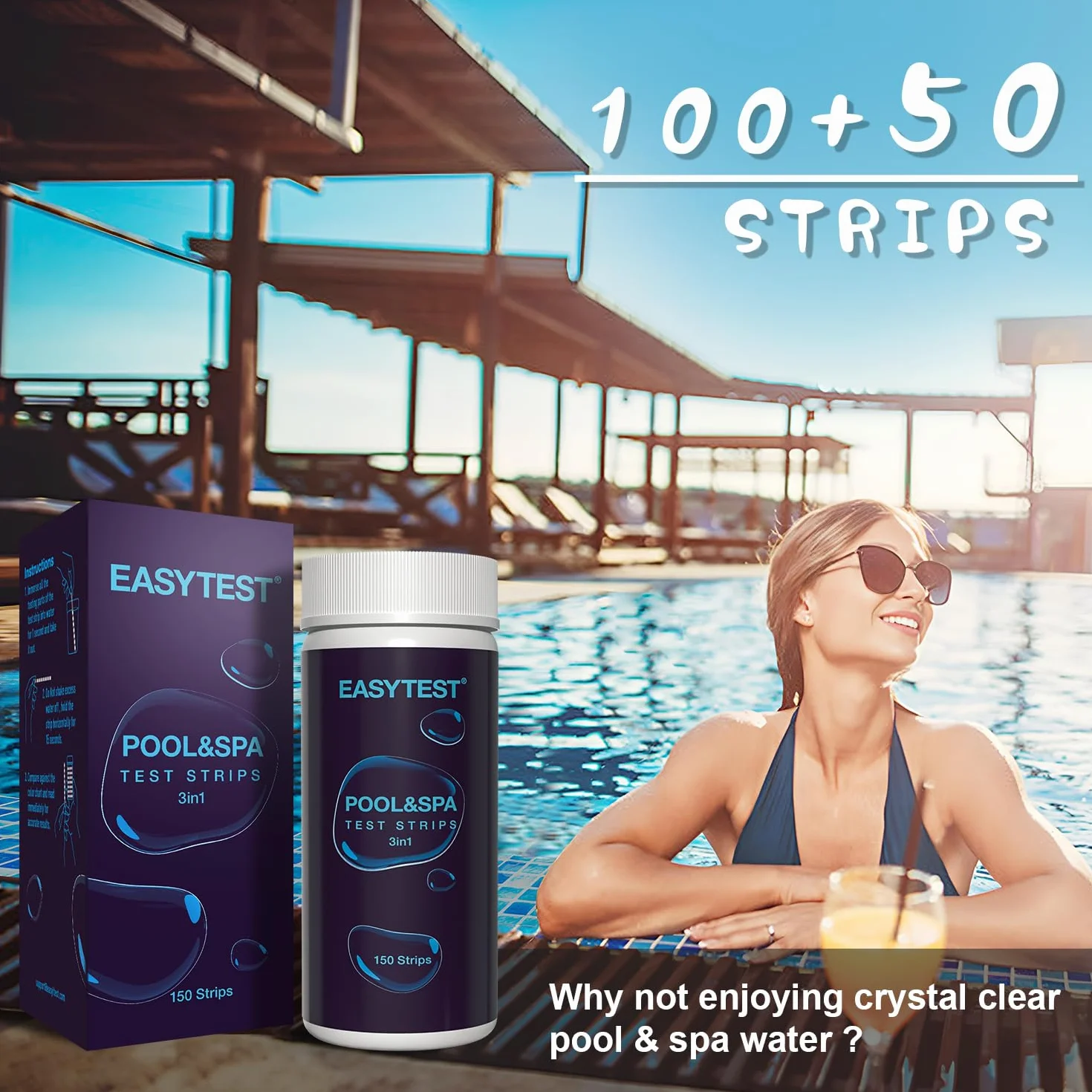 EASYTEST 150 Tiras de Prueba 3 en 1 para Piscina y SPA, Kit de Prueba de Agua pH Alcalinidad Cloro Bromo
