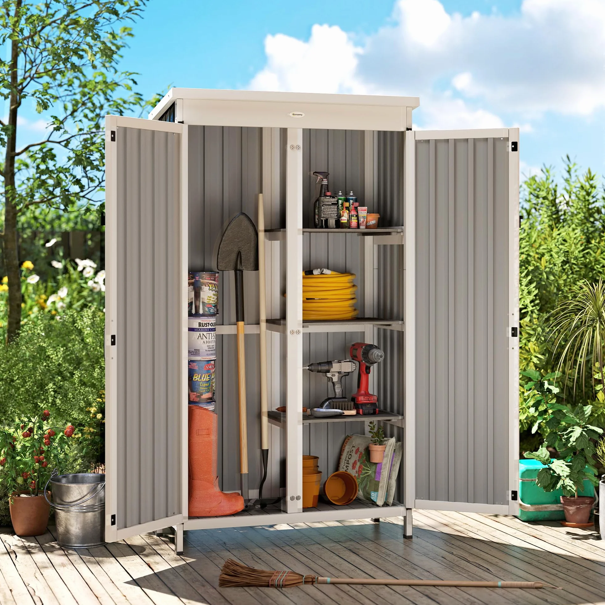 Outsunny Caseta de Jardín Madera Acero 94x43x166 cm Cobertizo Exterior Armario Herramientas 2 Puertas Estantes Ajustables Techo Impermeable Negro