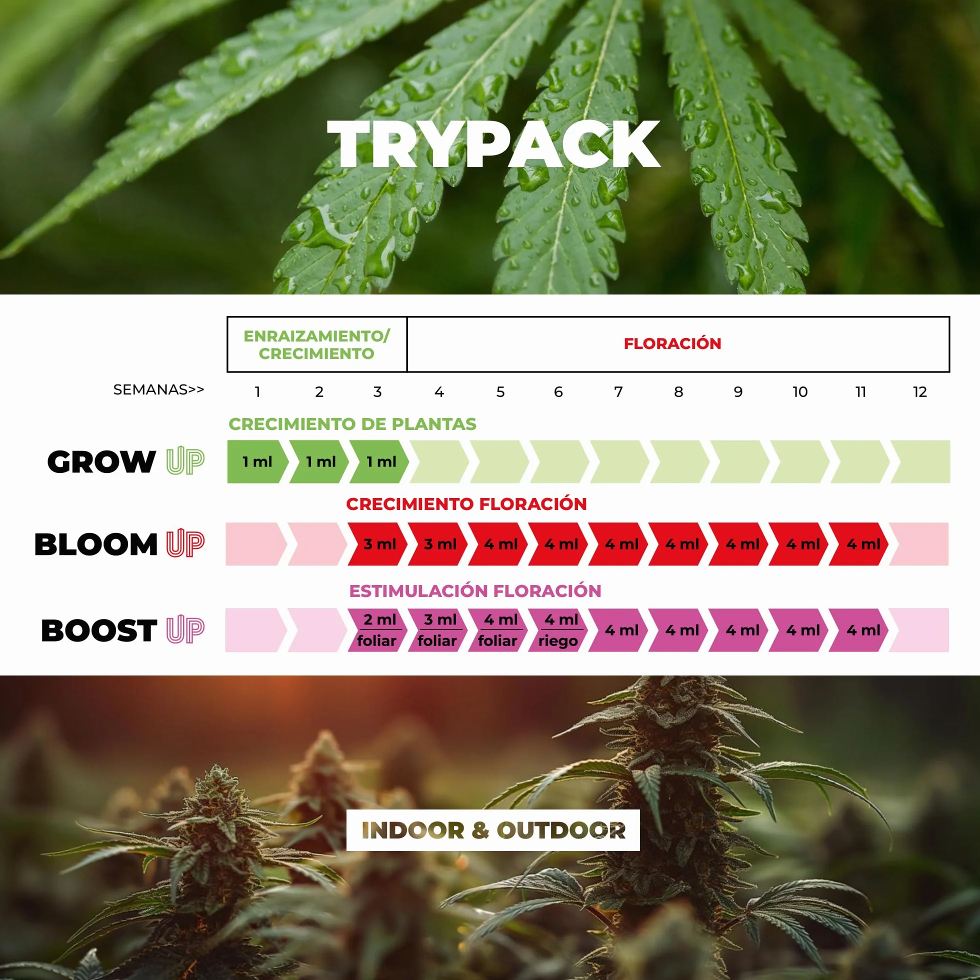 UP NUTRIENTS Trypack Fertilizante Grow Bloom Boost 250 ml Abono Orgánico Indoor Outdoor Enraizamiento Crecimiento Floración Cogollos Estimulador Flores Plantas