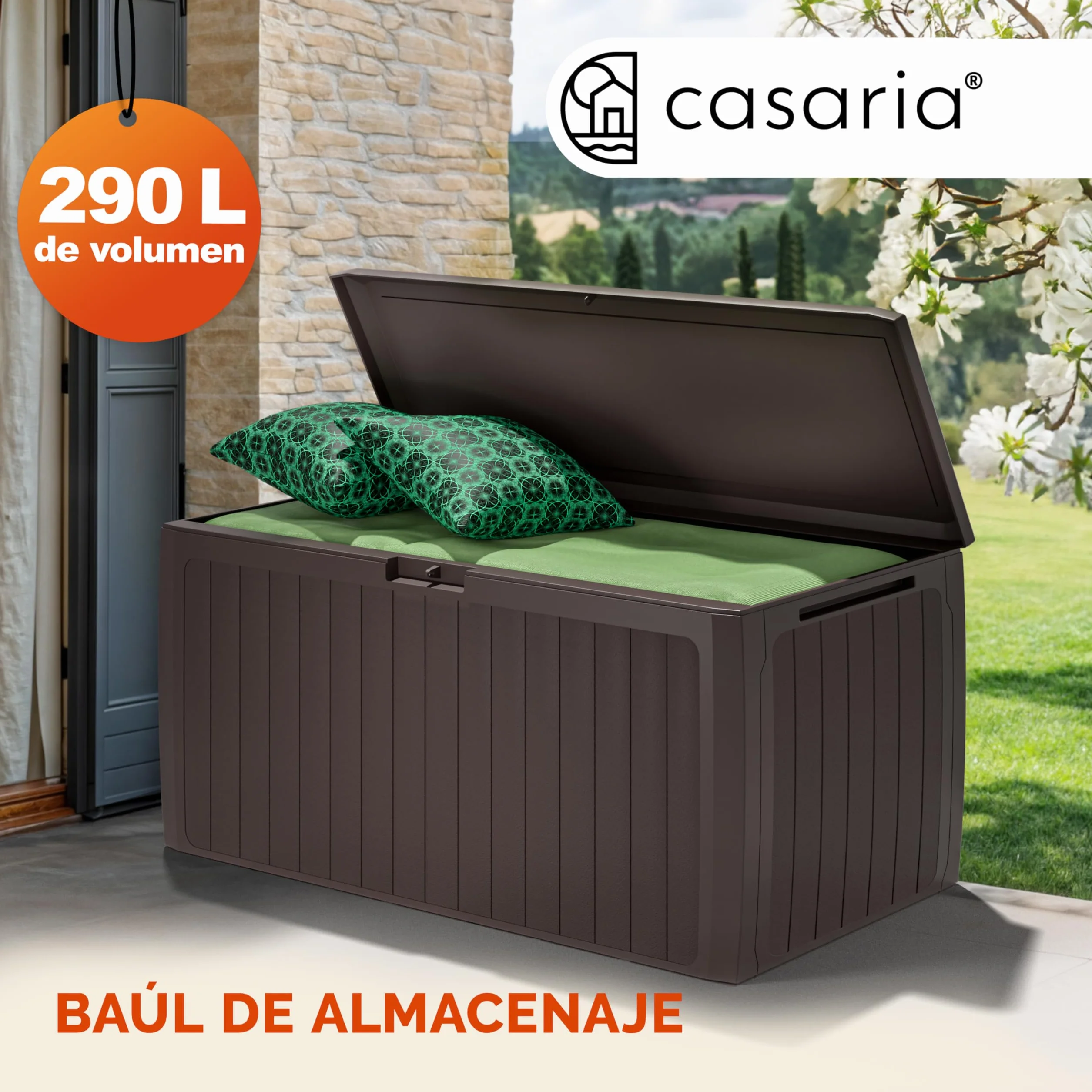 CASARIA Arcón Jardín Exterior Baúl Almacenaje 290L 6 Ruedas Asas Resistente Intemperie Rayos UV 117x47x60cm Marrón