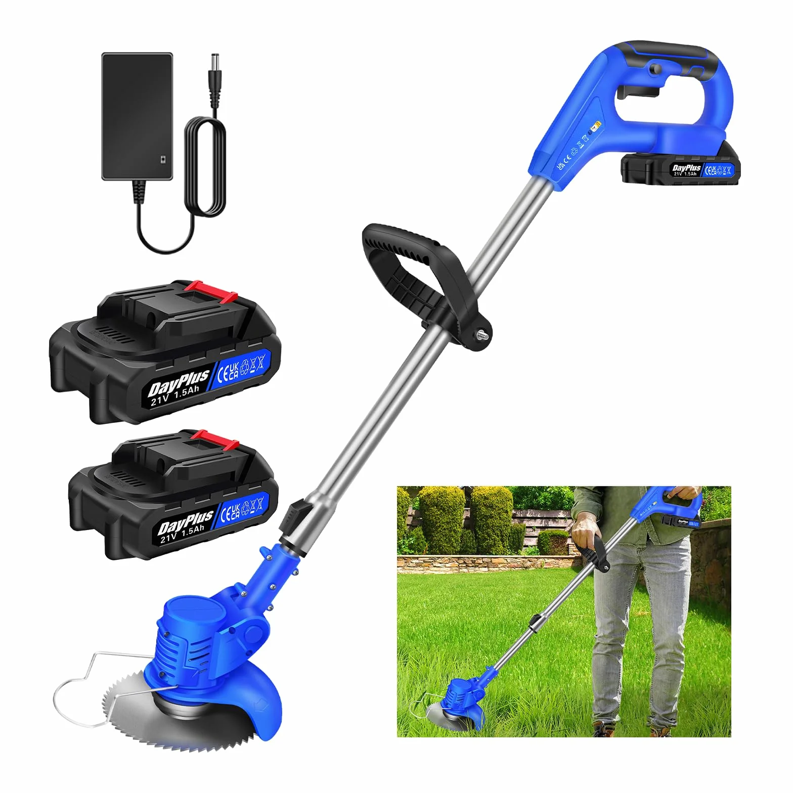 Desbrozadora Eléctrica 21V Ion-Litio Barredora De Hierbas Eléctrica Sin Cable, Ligera Recortadora De Césped, 2* Baterías 1500mAh, 10 Cuchillas Metálicas, 1 Hoja De Sierra Circular, Azul