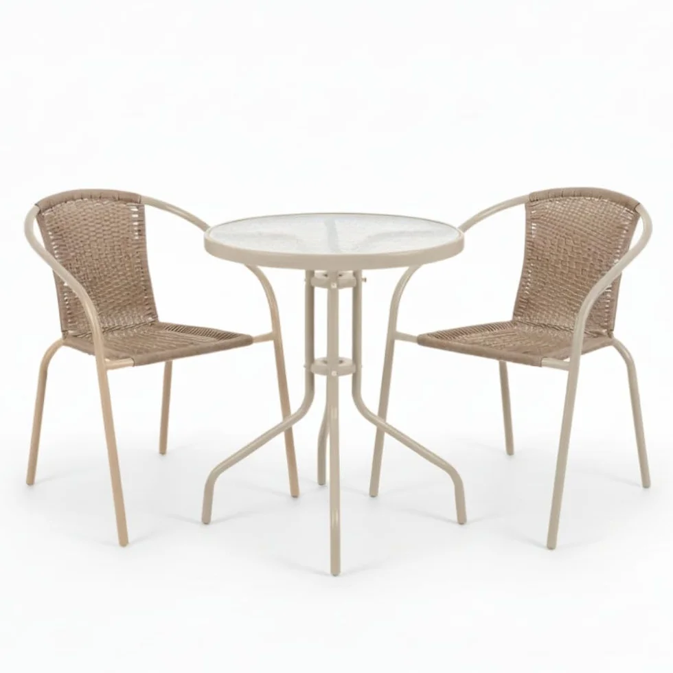 MONTY Conjunto Jardín Exterior Mesa Cristal Templado Ø60cm 2 Sillones Ratan Beige Apilables