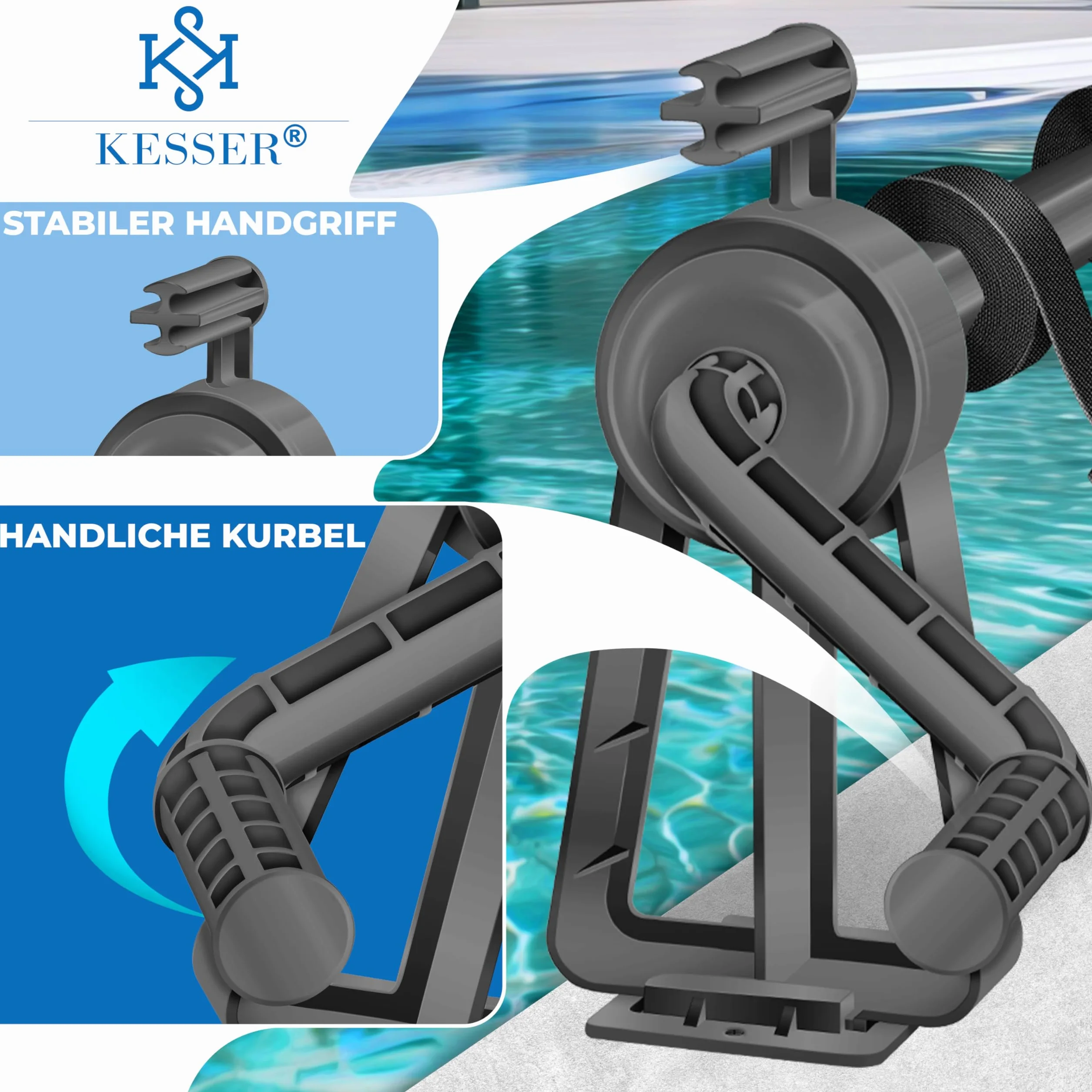 KESSER Enrollador de piscina 1,05 m – 6,15 m para lona solar resistente a la intemperie con cintas cepillo y guantes