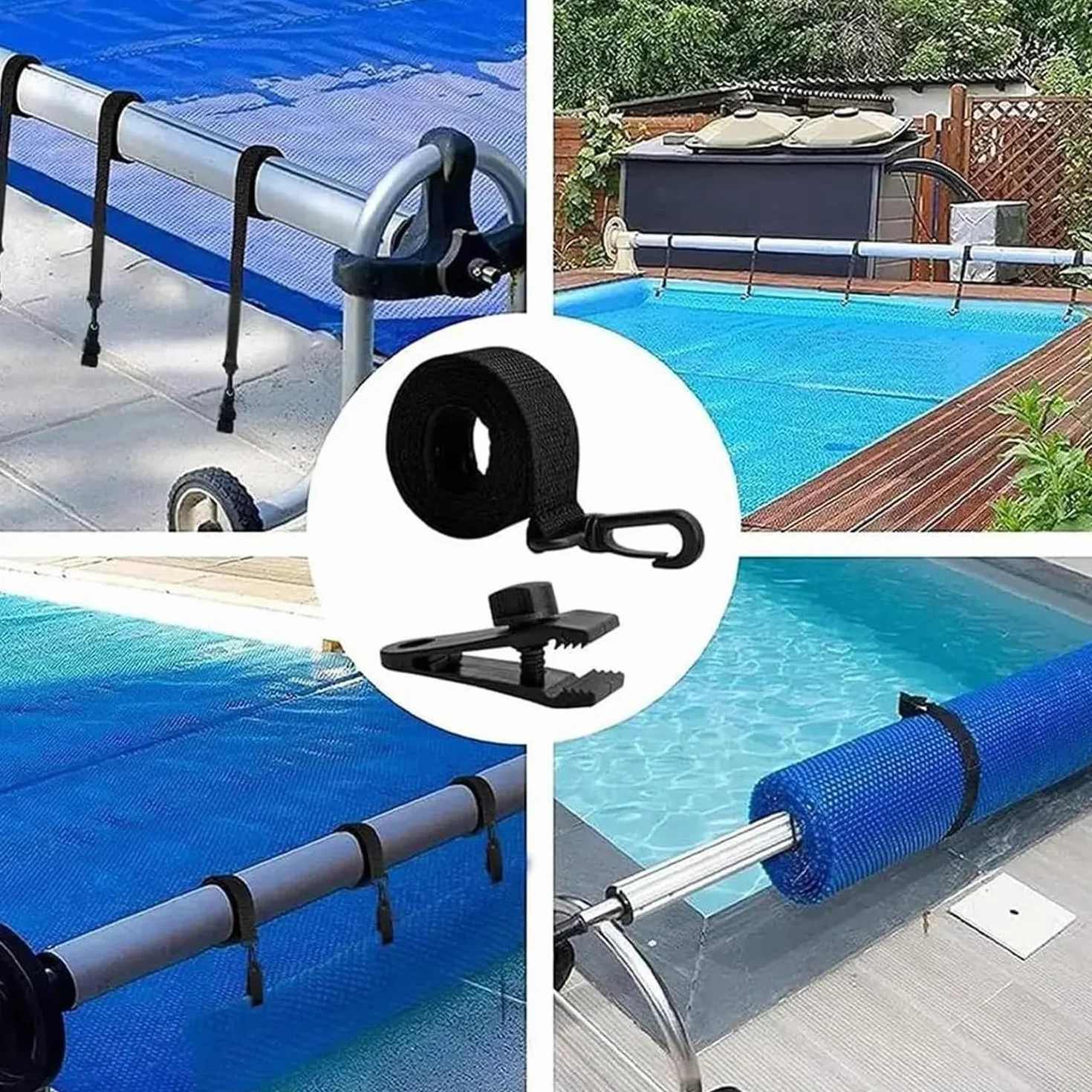 MEISO Enrollador de Piscina, Kit de Fijación con 8 Bandas y 8 Grapas para Cubierta Solar Universal