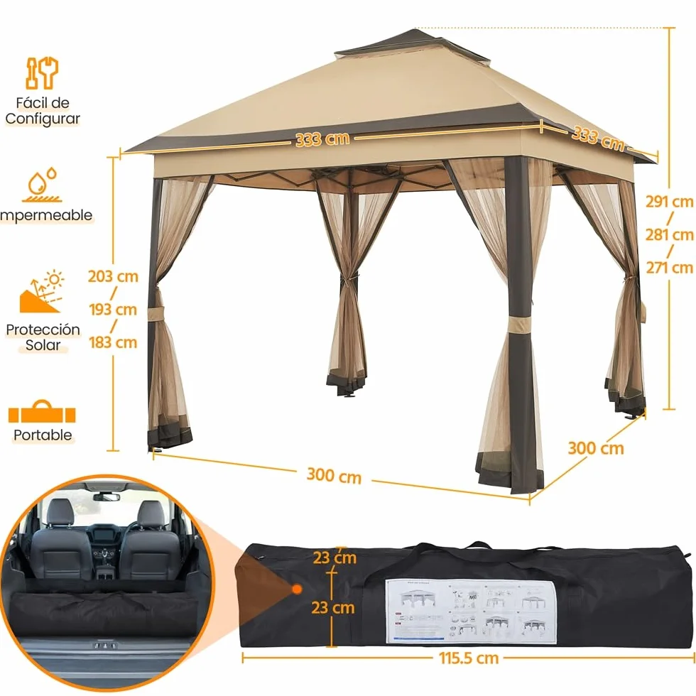 Yaheetech Carpa Plegable 3.3x3.3m Cenador Exteriores con 4 Mosquiteras con Cremallera,Altura Ajustable de 271-291cm,Resistente al Viento,Montaje Rápido,Ideal para Jardín y Patio,Color Caqui