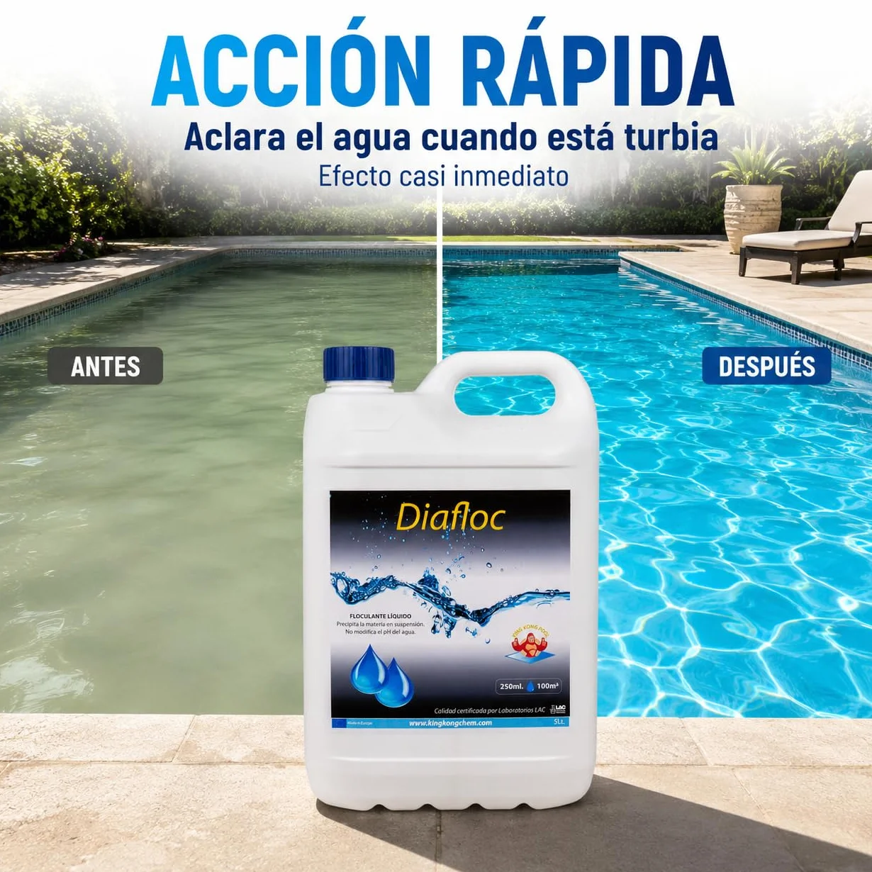DIASA INDUSTRIAL Floculante líquido para Piscinas SUPERCONCENTRADO - DIAFLOC - clarifica el Agua turbia - 5 litros