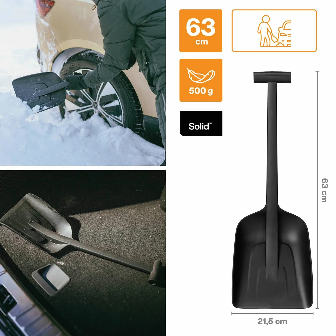 Fiskars Solid Pala de nieve para el coche, 63 cm, Negro, fibra de vidrio