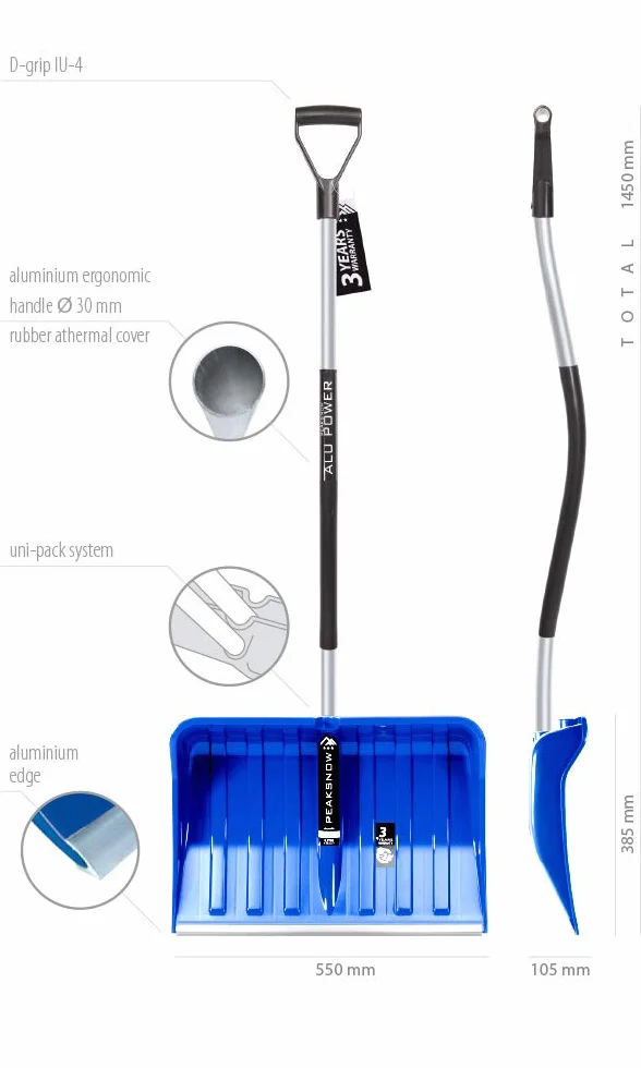 Ergonomiczne palas de nieve, plastikowa ostrza, aluminiowy brzeg, aluminiowy uchwyt