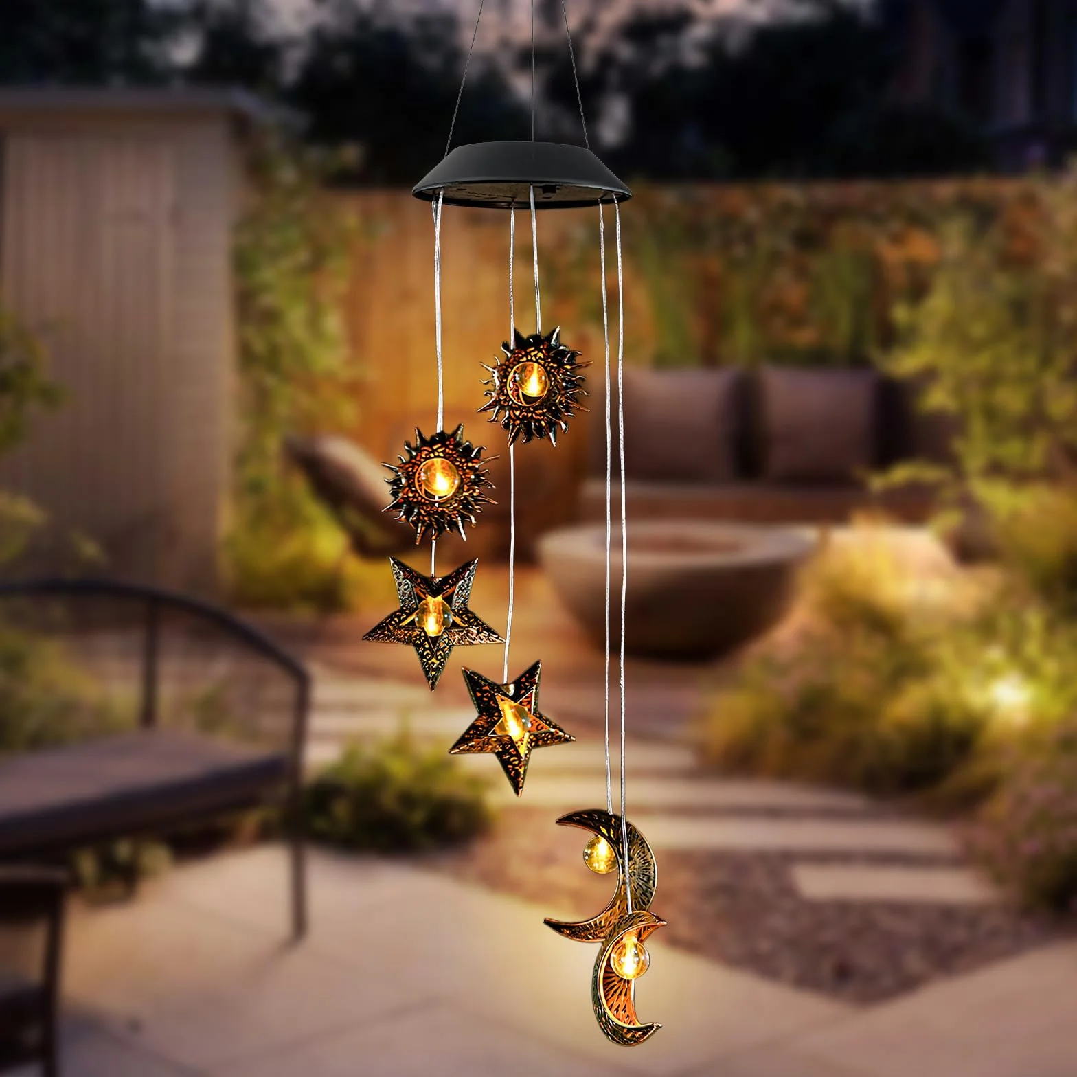 Campanas de Viento Solares LED para Exterior – Lámpara Decorativa Colgante de Jardín con Luz Solar, Sol, Luna y Estrella