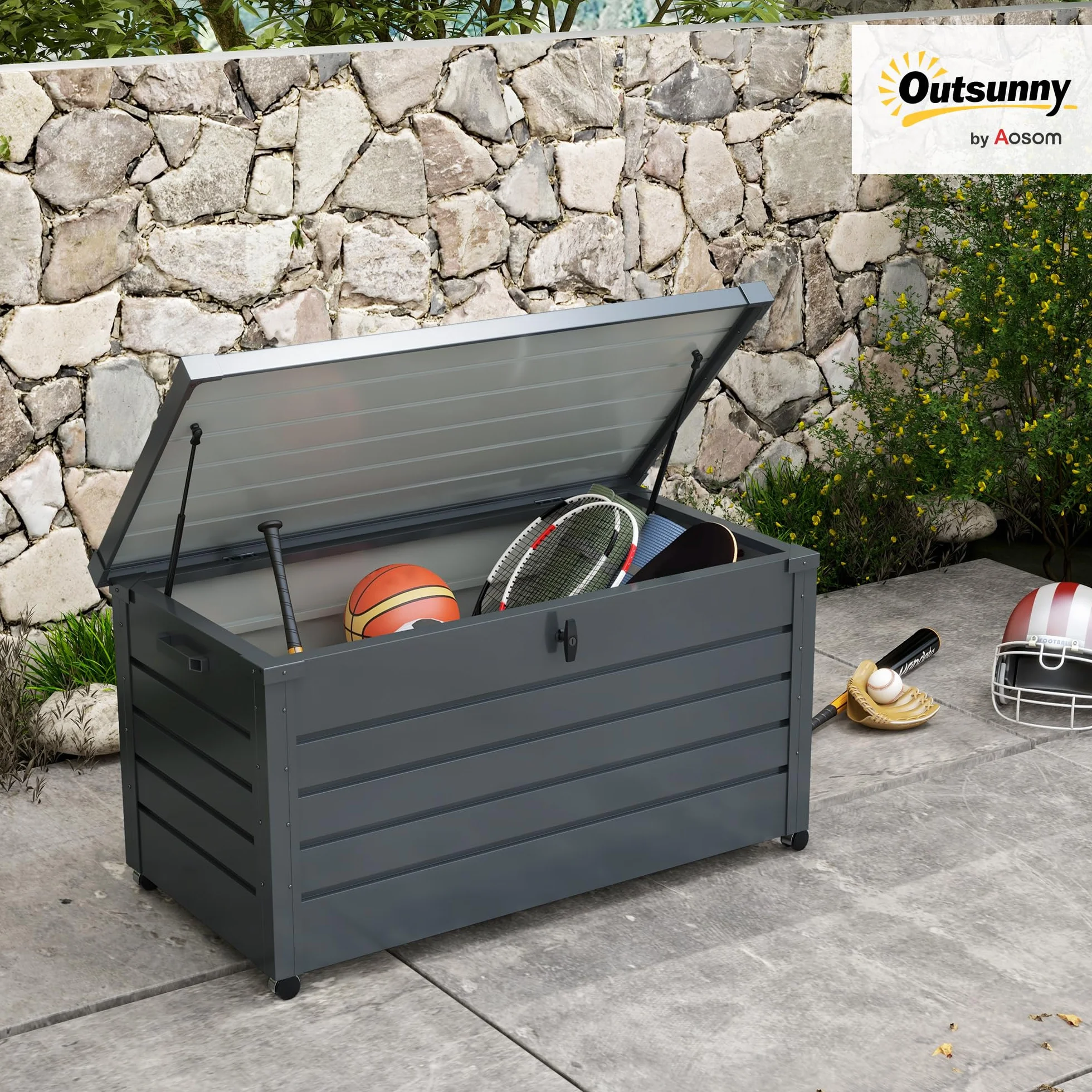 Outsunny Baúl Almacenaje Exterior 311L Acero Galvanizado 4 Ruedas Impermeable 120x62x66 cm Gris Oscuro