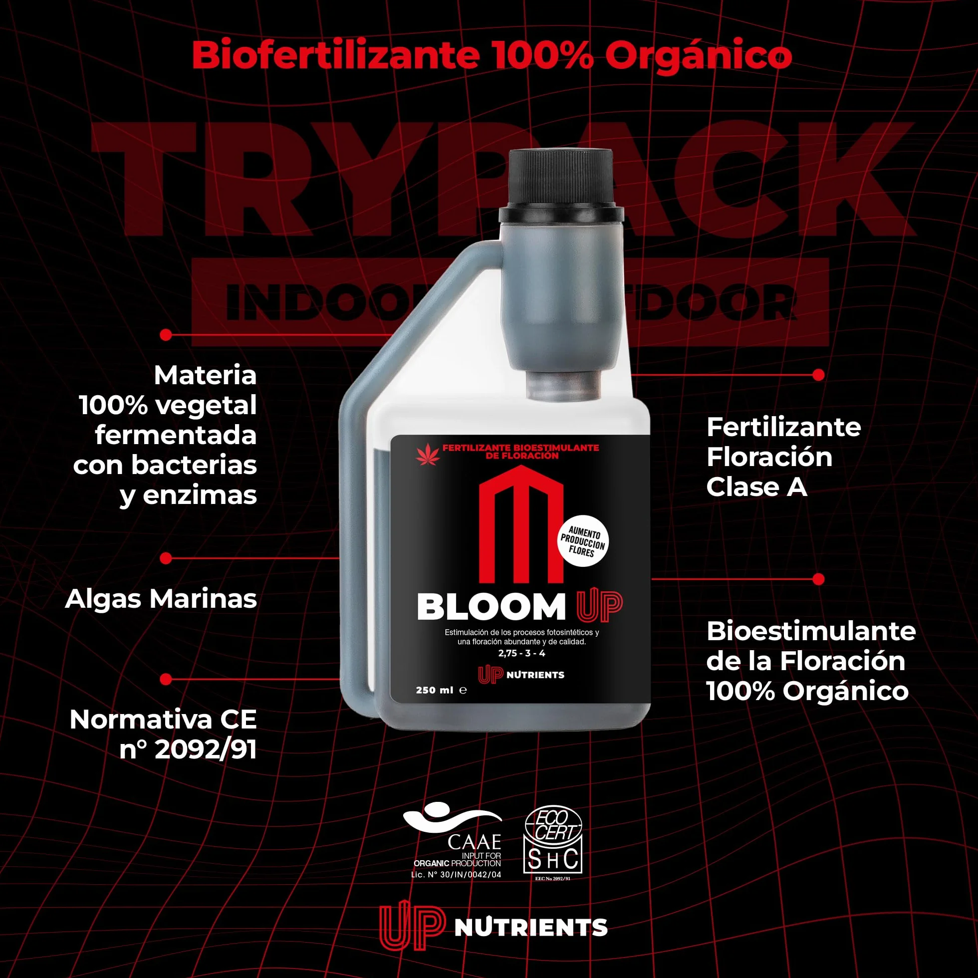 UP NUTRIENTS Trypack Fertilizante Grow Bloom Boost 250 ml Abono Orgánico Indoor Outdoor Enraizamiento Crecimiento Floración Cogollos Estimulador Flores Plantas