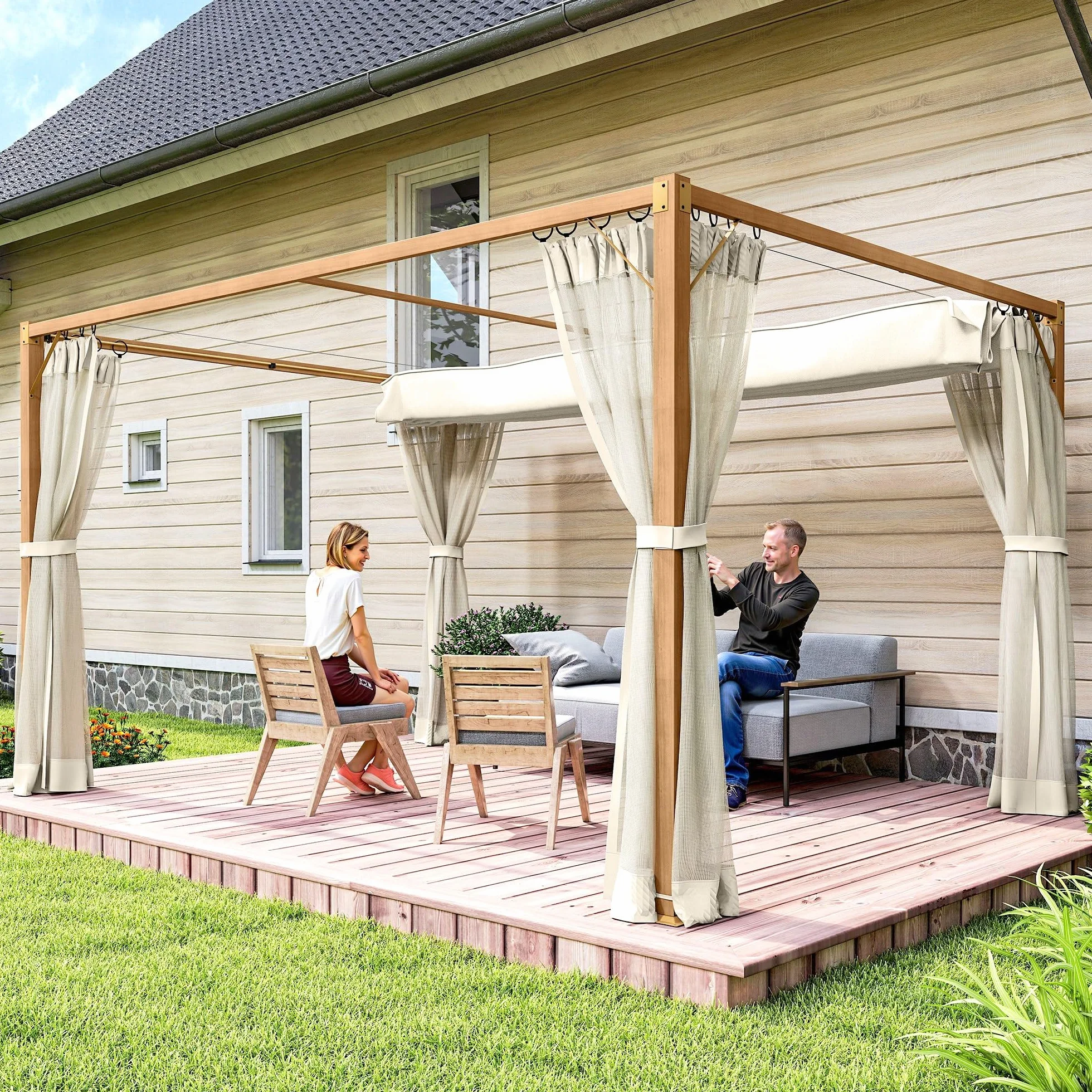 Outsunny Pérgola de Jardín 3x4 m con Techo Retráctil y 4 Paredes Laterales de Malla, Cenador de Jardín con Estructura de Aluminio, UPF30+, Pabellón para Exterior, Patio, Terraza, Natural