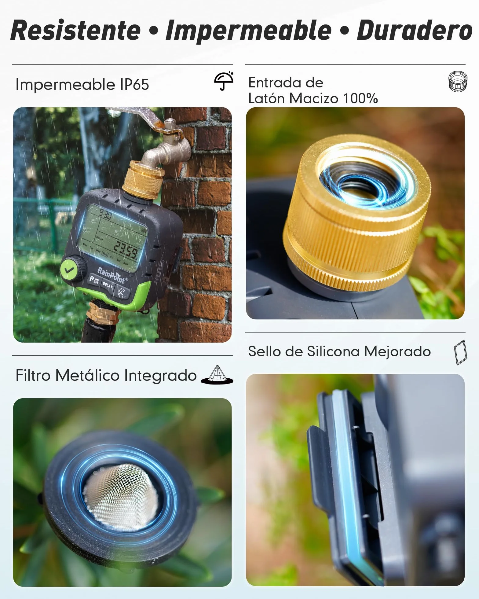 RAINPOINT Ordenador de riego IP65 Resistente al Agua con 3 Planes de riego y Doble conexión para Sensor de Lluvia y Panel Solar