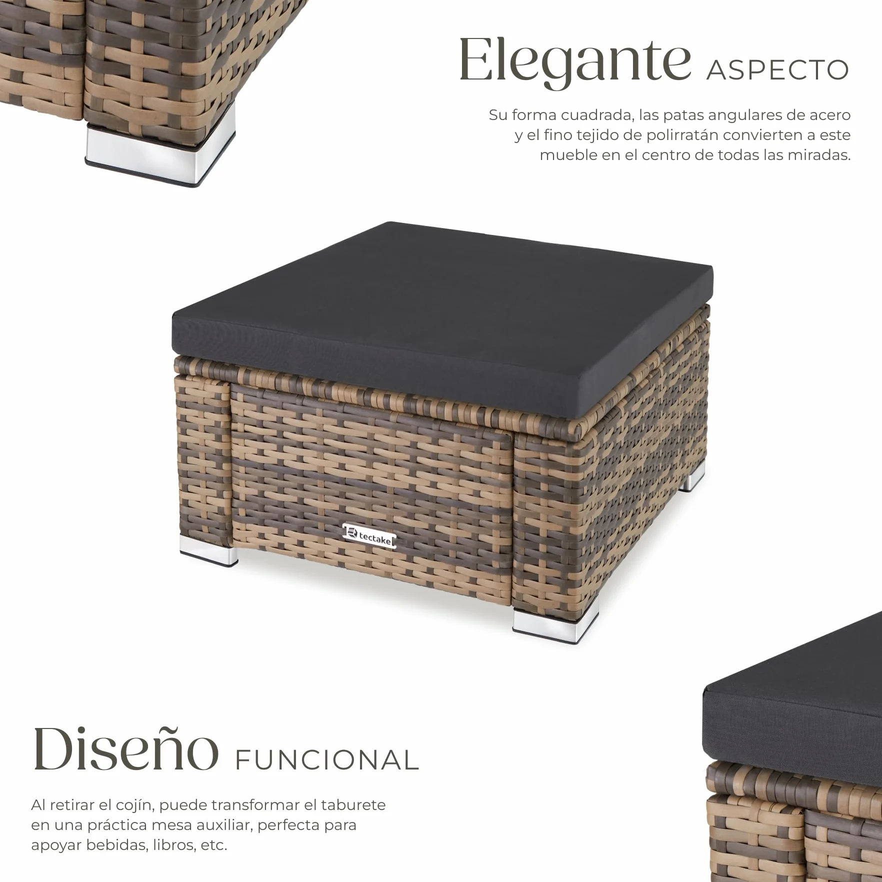 TecTake® Taburete de Ratán y Acero, Muebles Jardín Exterior Resistentes a Intemperie, Puf con Cojines Extraíbles