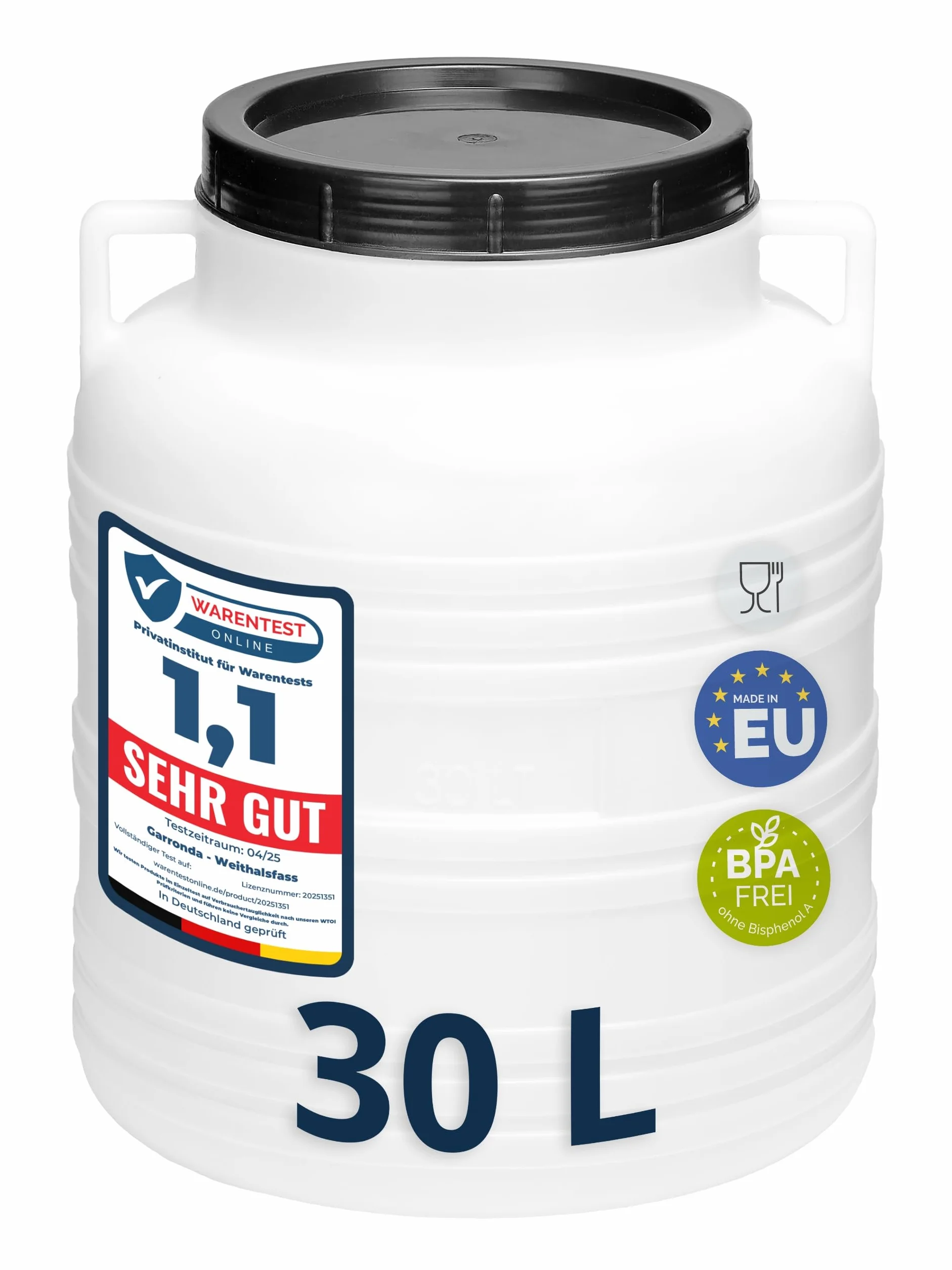 Garronda Barril alimentario 30 litros HDPE sin BPA Boca Ancha GD-0078 Blanco