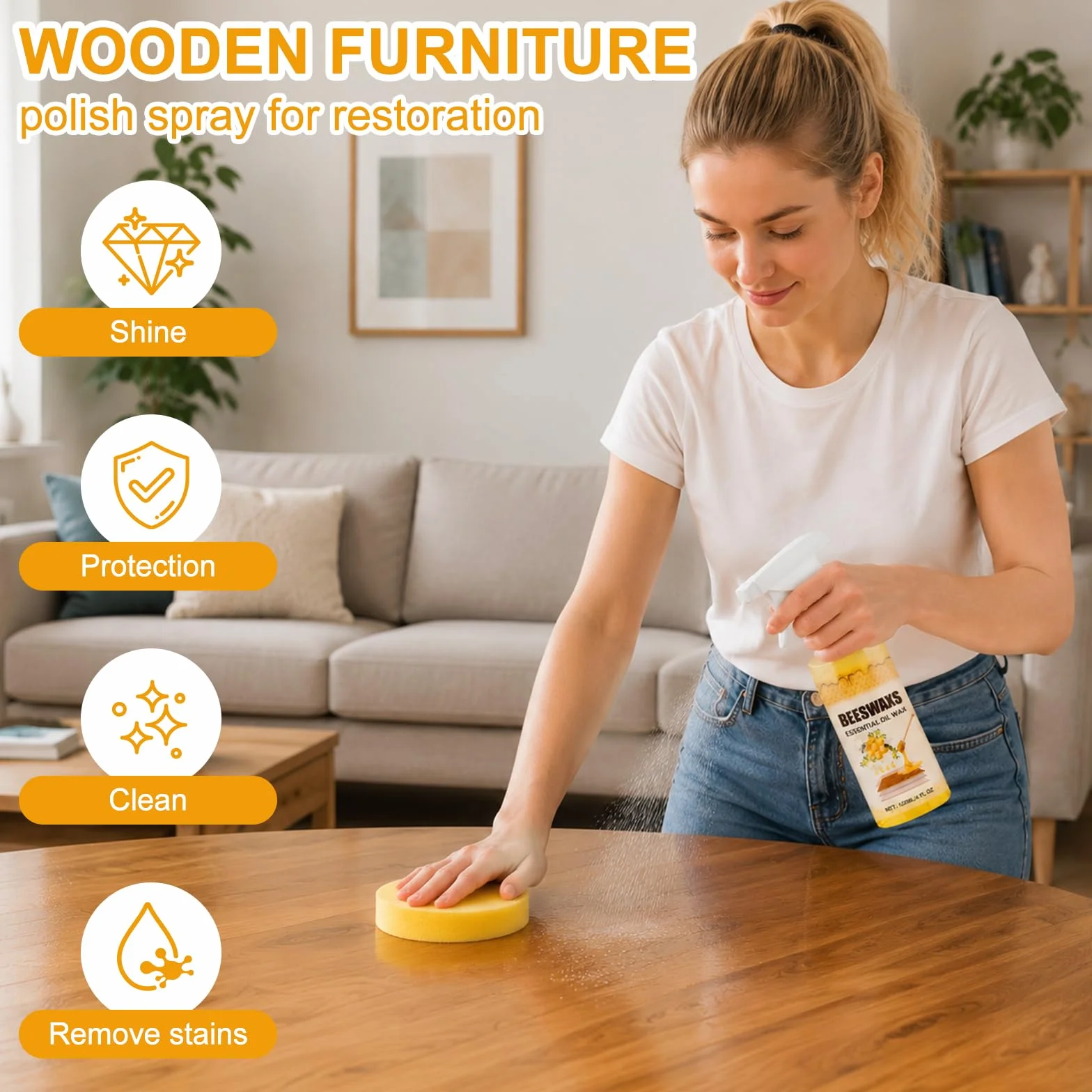 Cera de Abejas Spray para Muebles 120ML, Limpiador Protector Madera Natural con Esponja y Paño