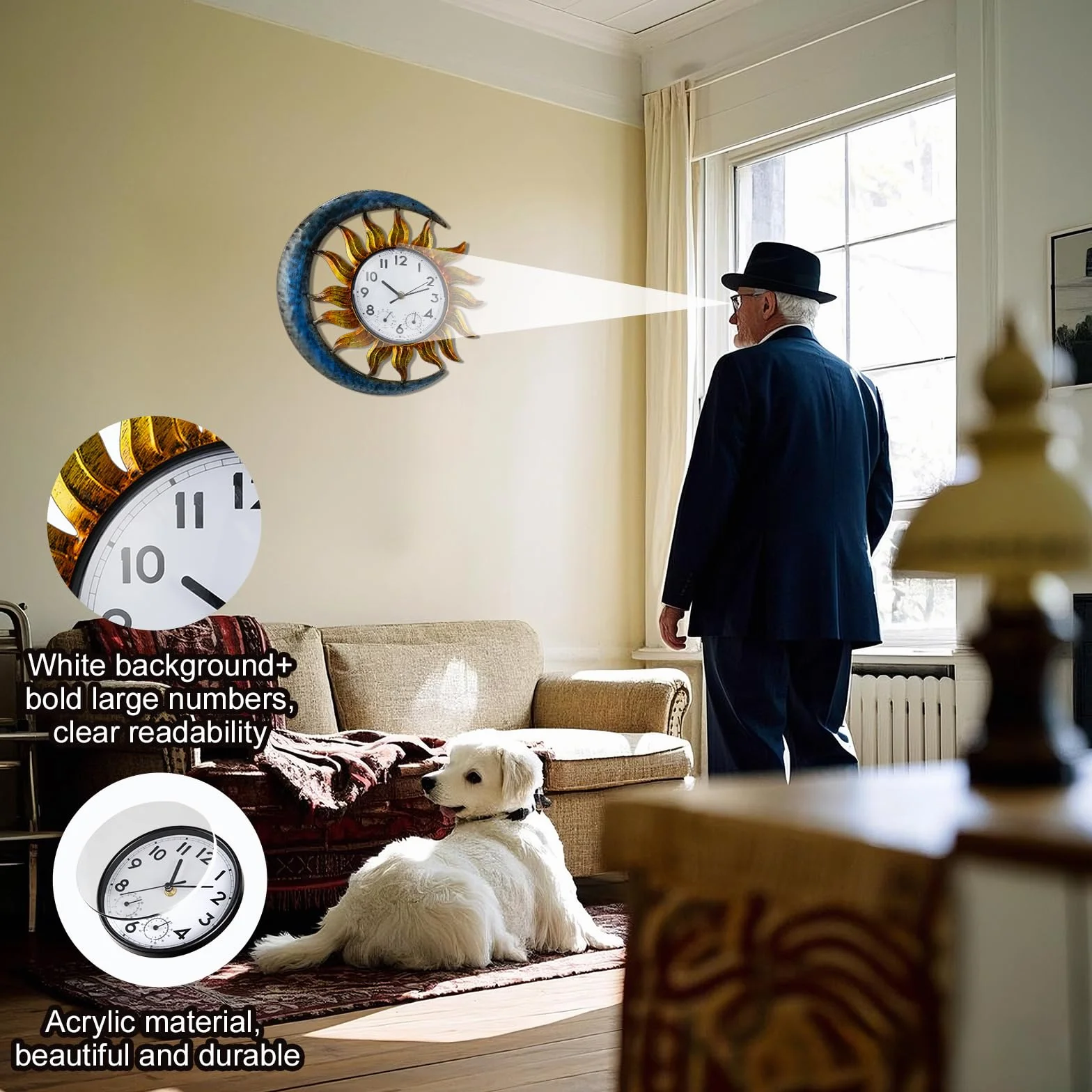 shumi Reloj de pared decorativo exterior sol luna termómetro silencioso