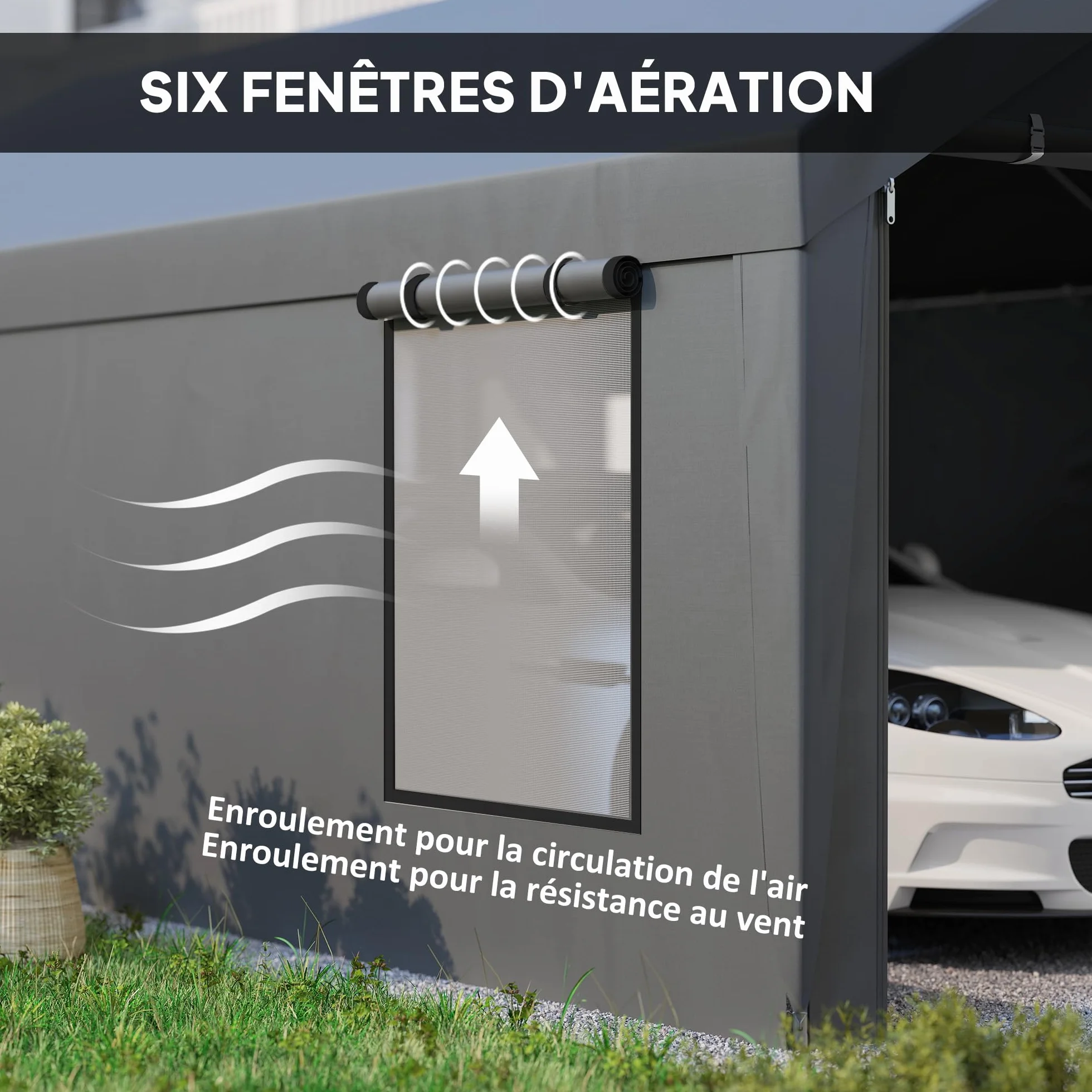 Outsunny Carport Cobertizo para coche 3x6 m 2 puertas enrollables 4 ventanas gris oscuro
