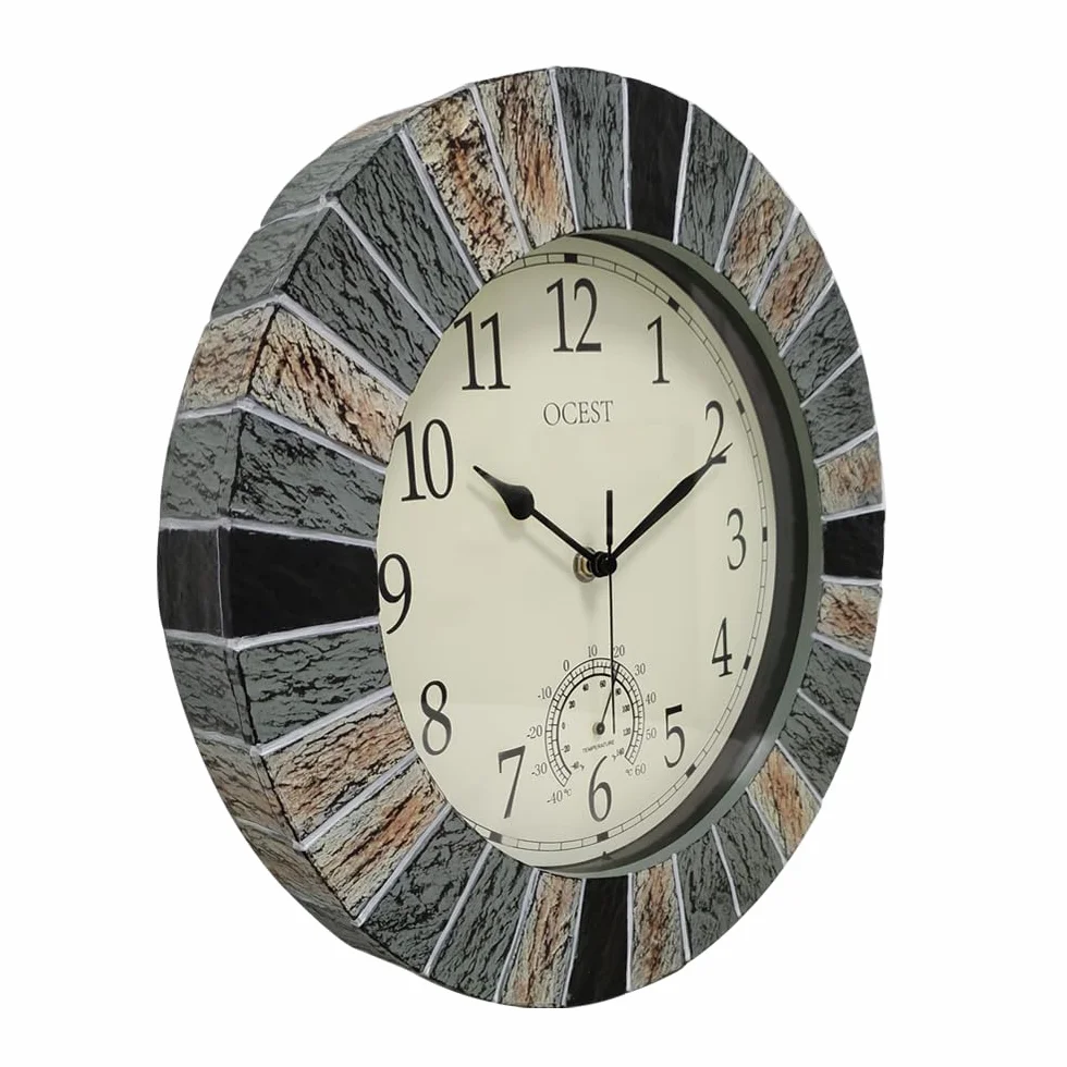 OCEST Reloj de jardín 33 cm resistente al agua Reloj de pared grande retro con termómetro a pilas sin tictac